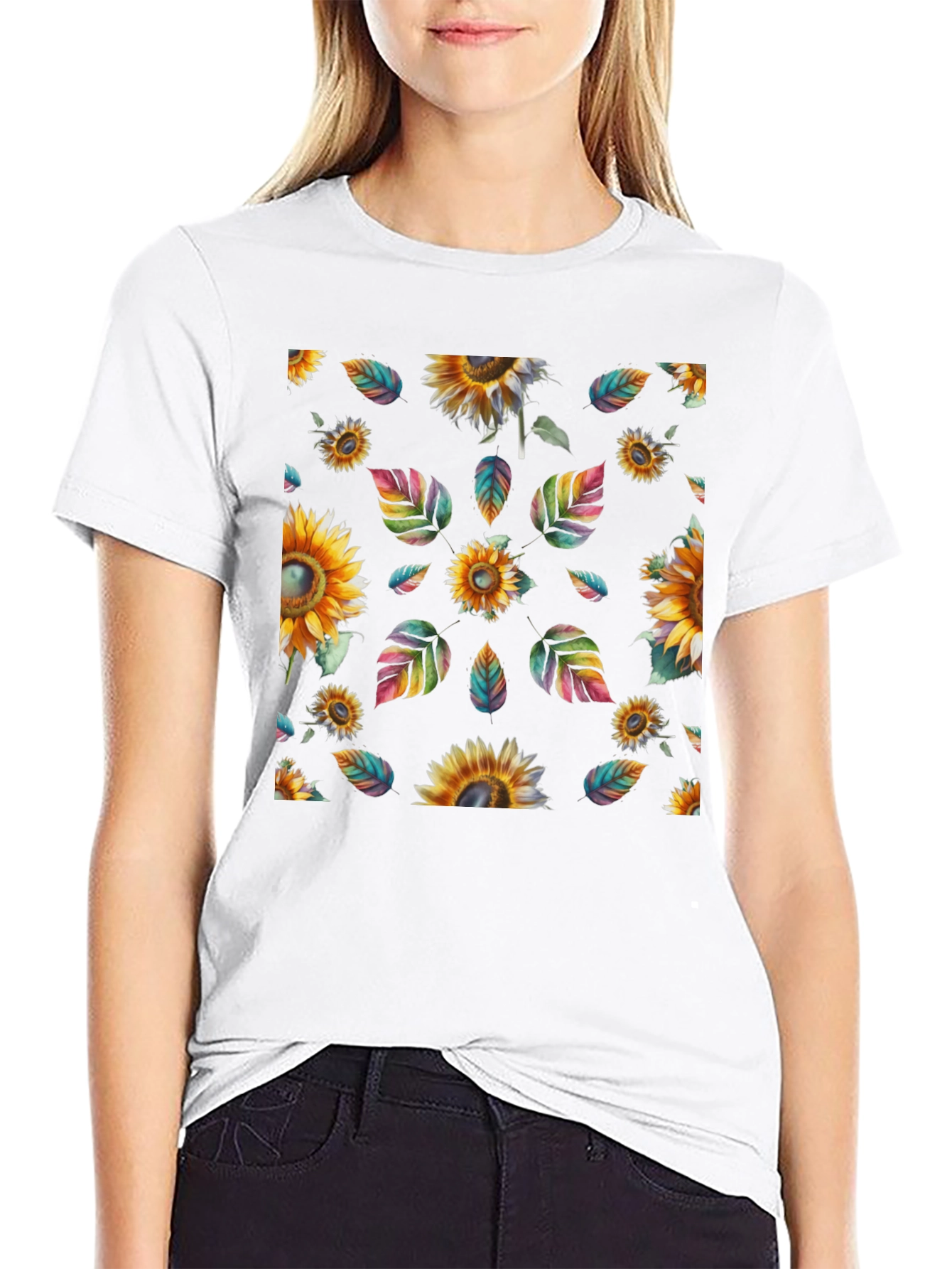 Sunflower & Leaves Print Black T-Shirt