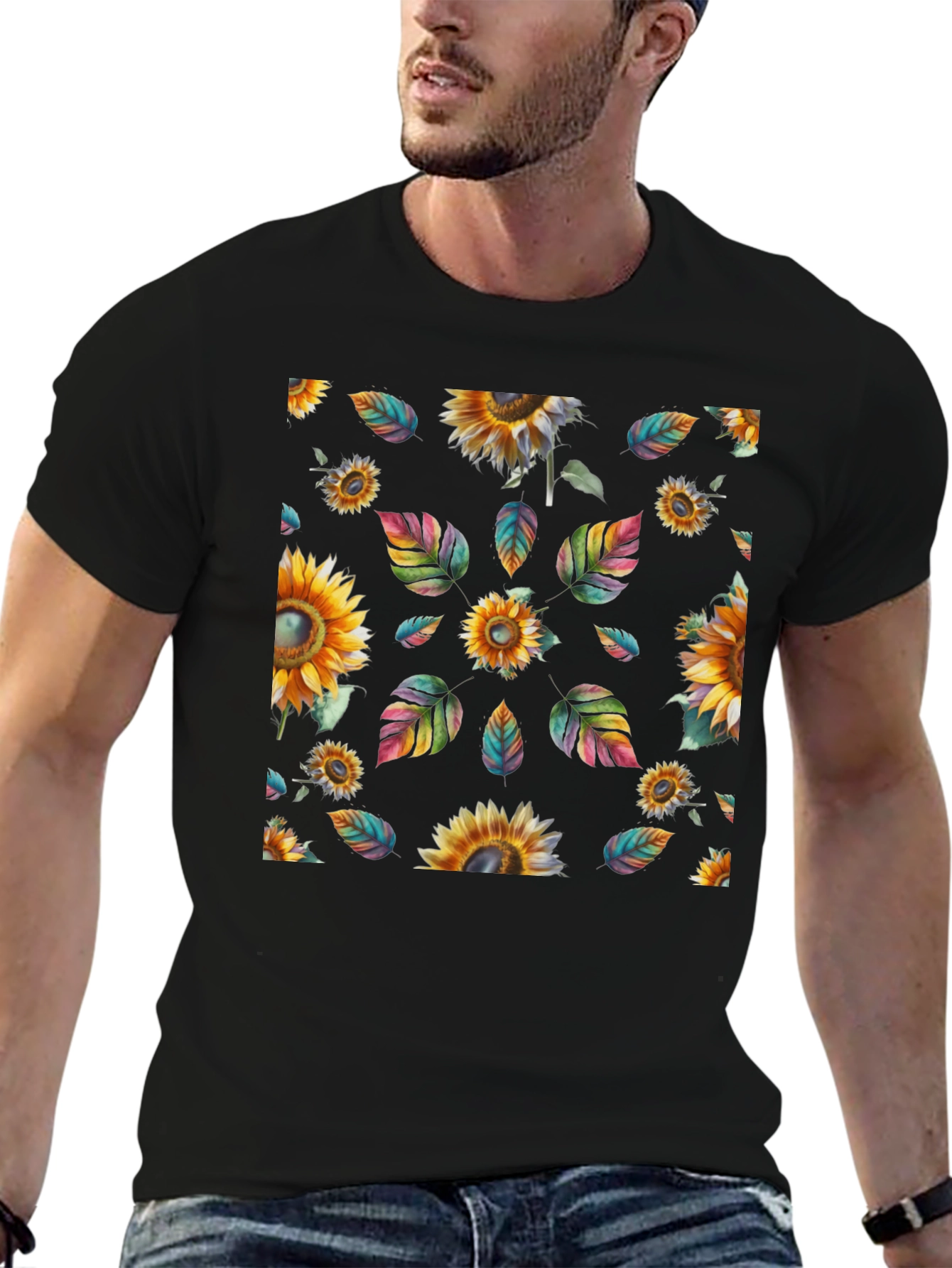 Sunflower & Leaves Print Black T-Shirt