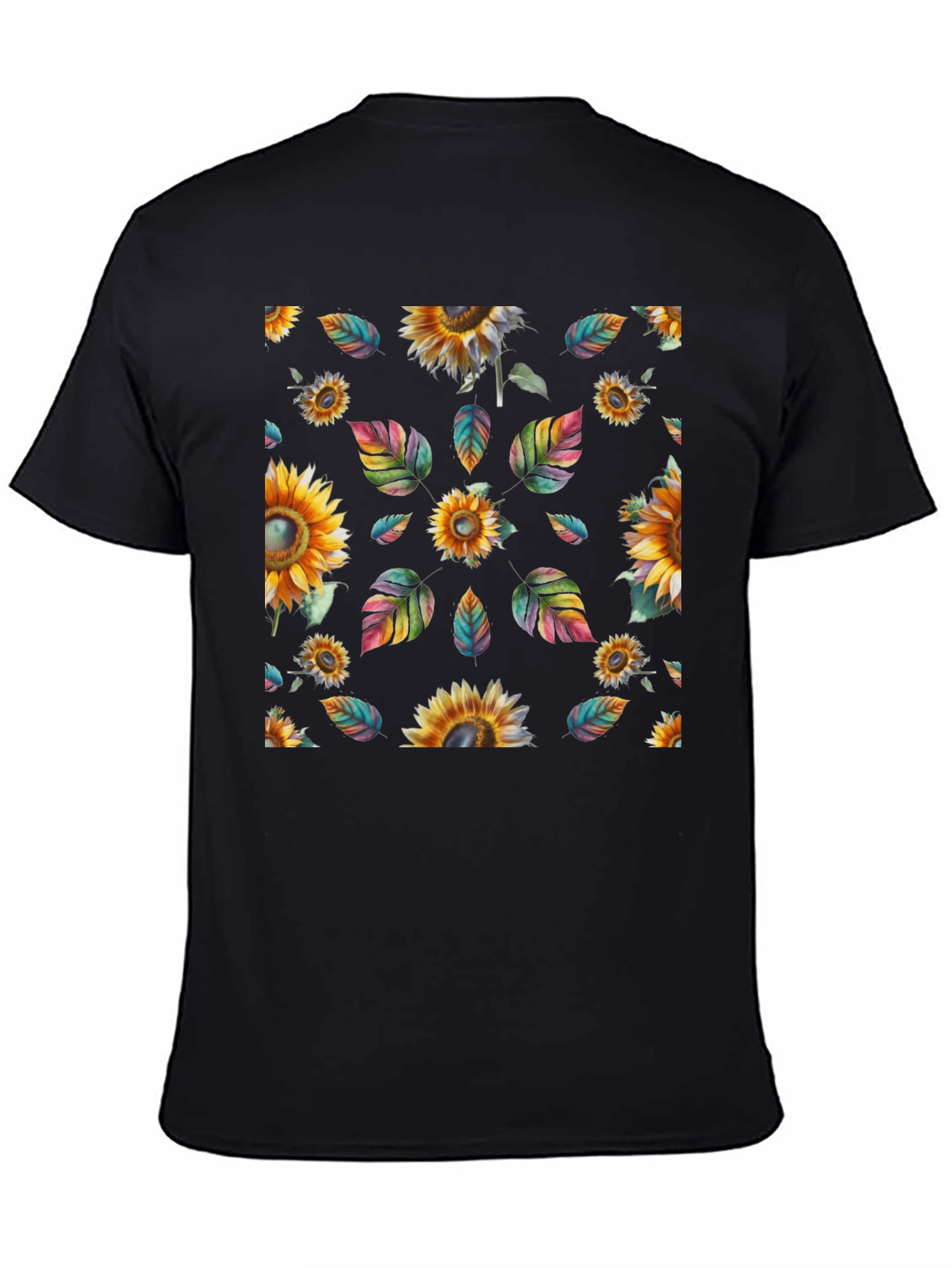 Sunflower & Leaves Print Black T-Shirt