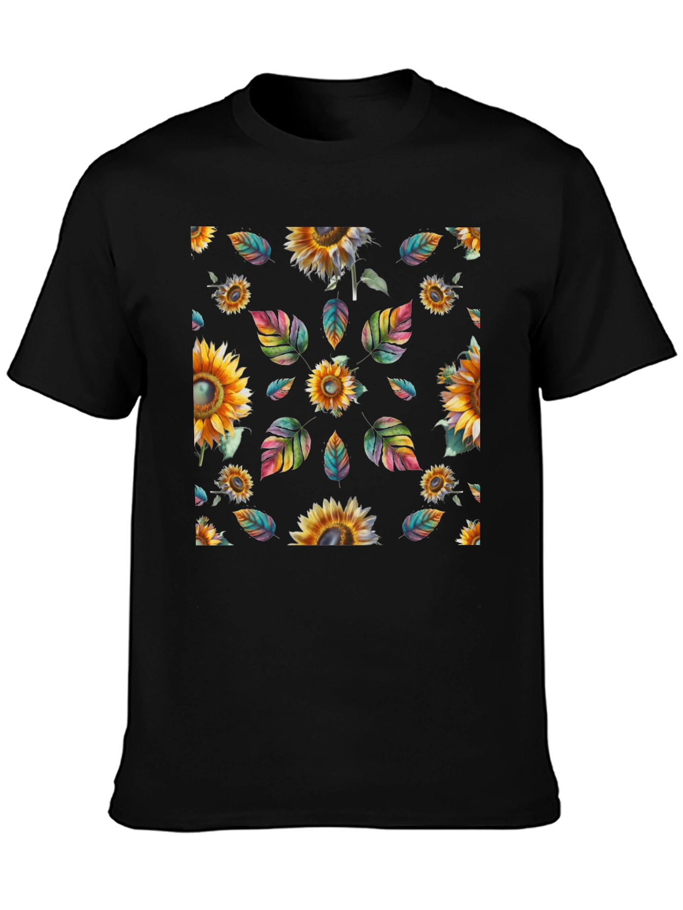 Sunflower & Leaves Print Black T-Shirt