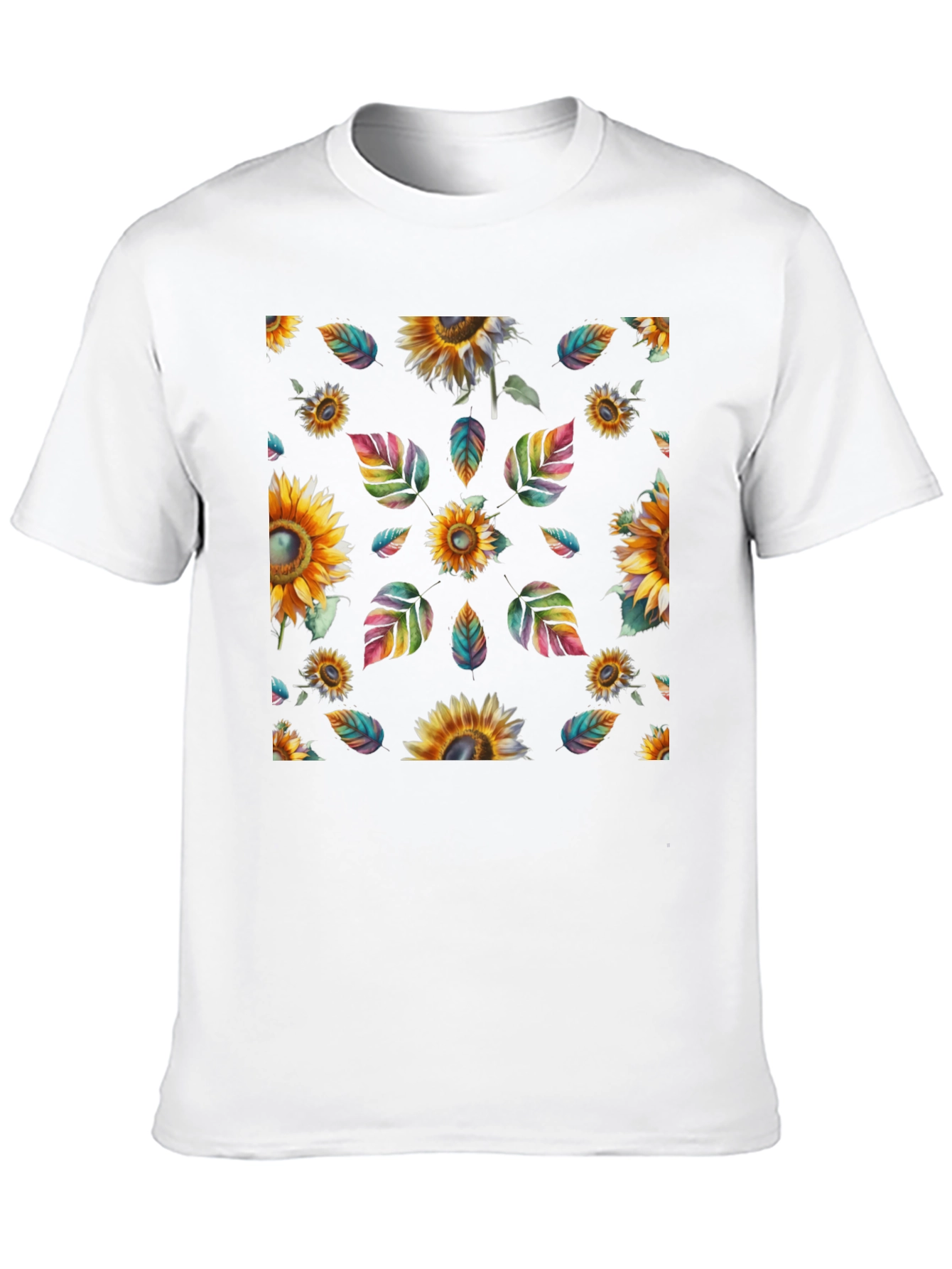 Sunflower & Leaves Print Black T-Shirt