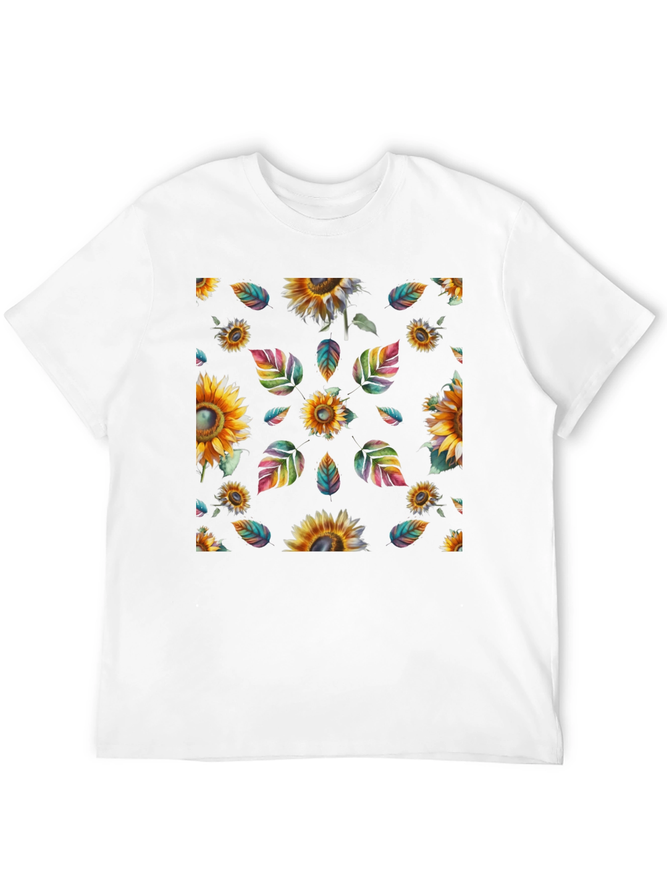 Sunflower & Leaves Print Black T-Shirt