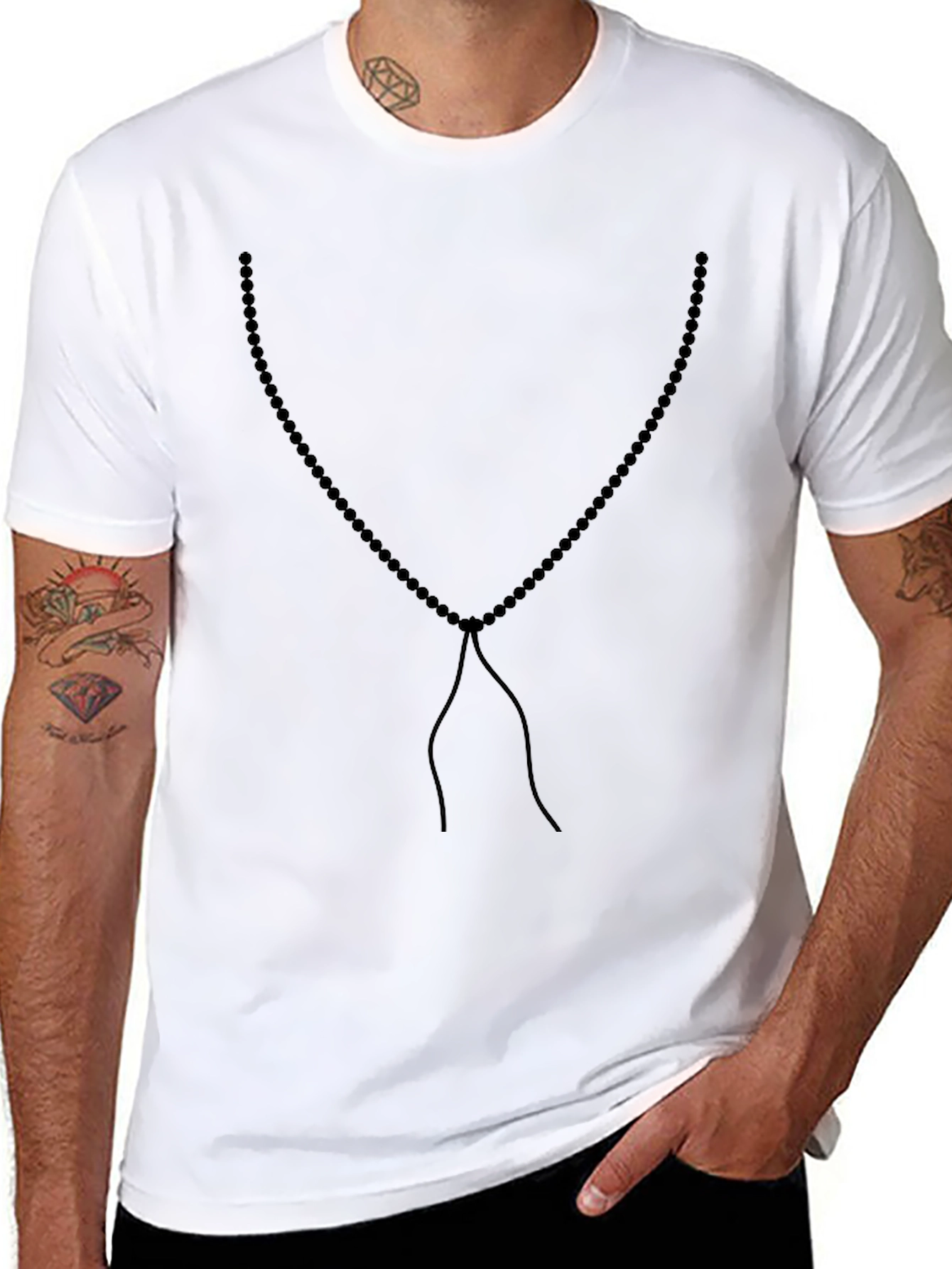 Mens Beaded Necklace Graphic Tee - Black