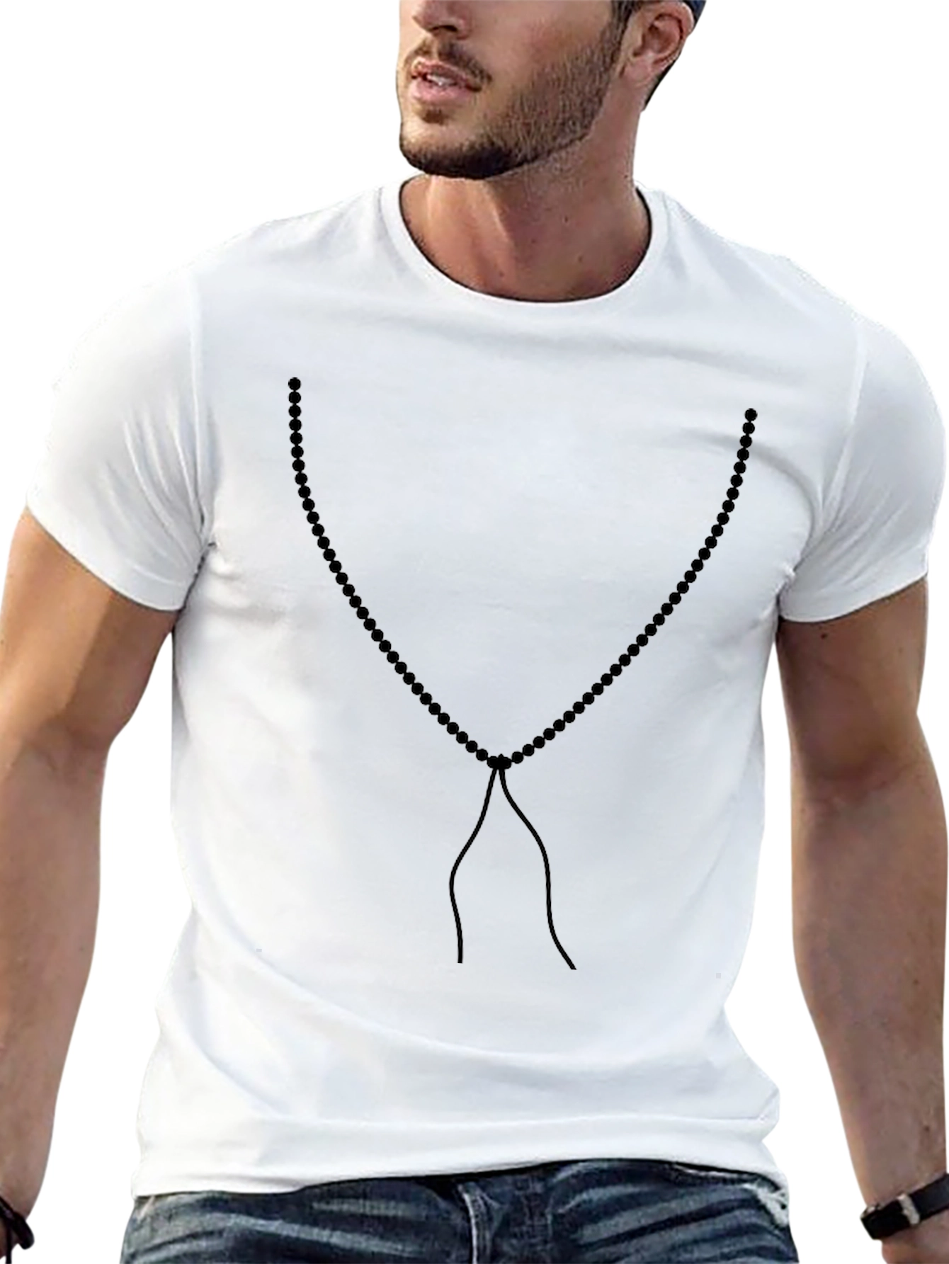 Mens Beaded Necklace Graphic Tee - Black