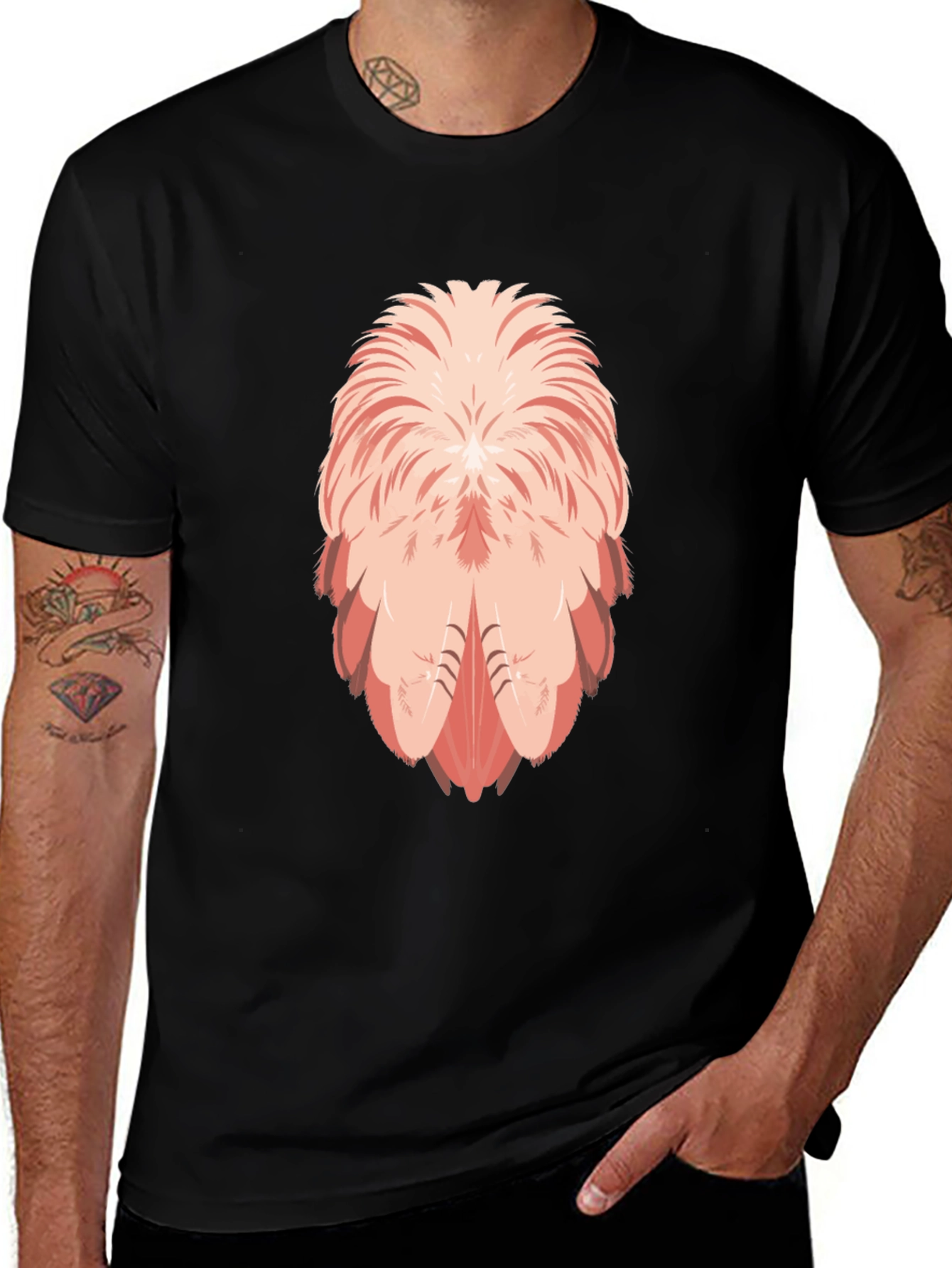 Flamingo Feather Design Black T-Shirt