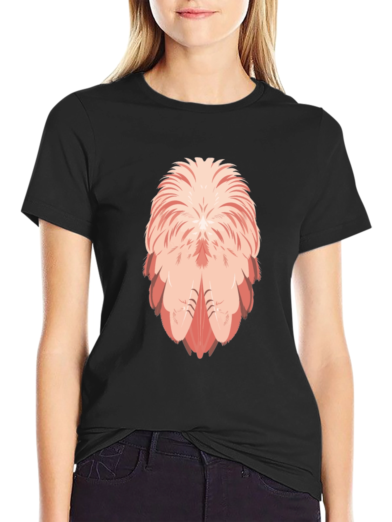 Flamingo Feather Design Black T-Shirt