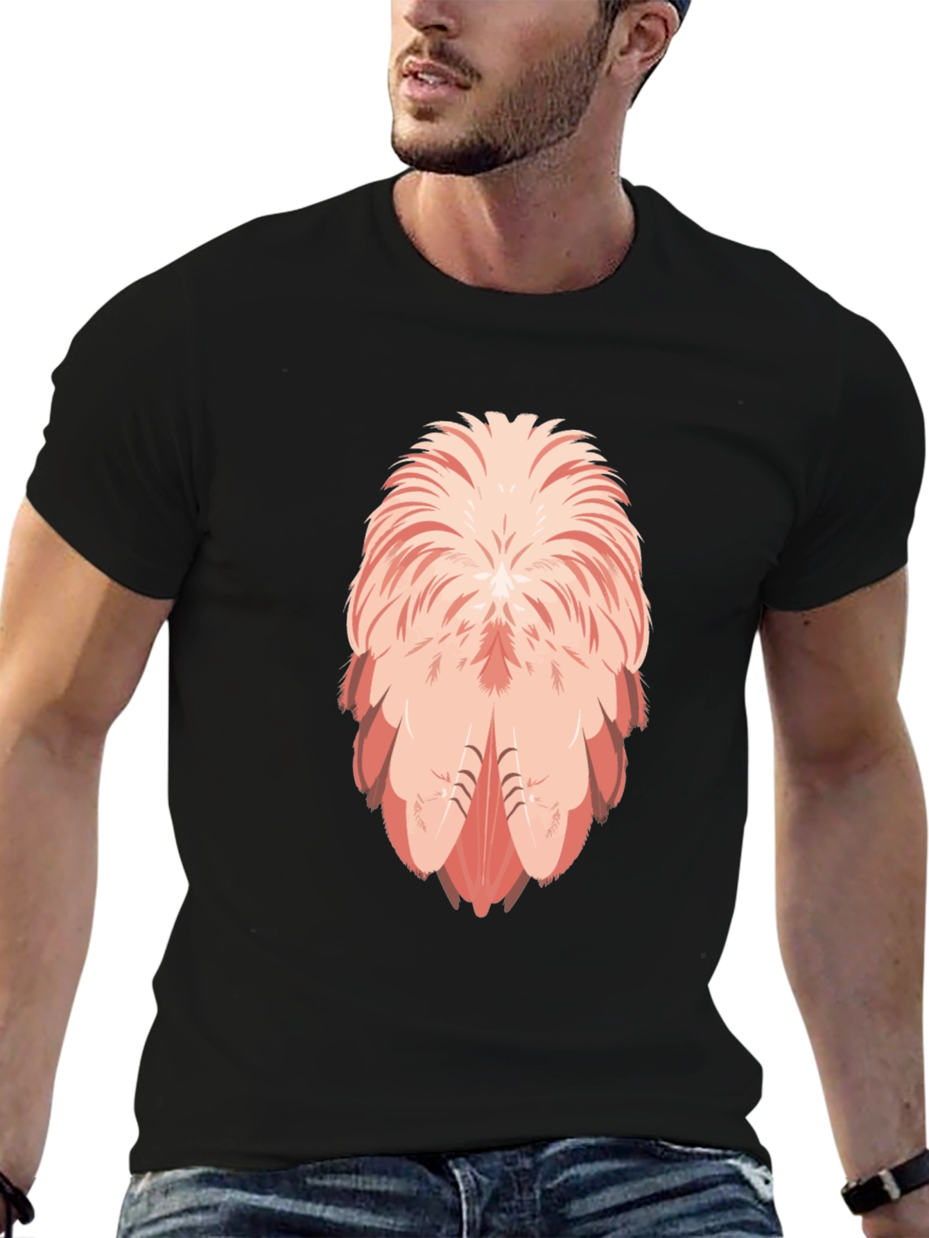 Flamingo Feather Design Black T-Shirt