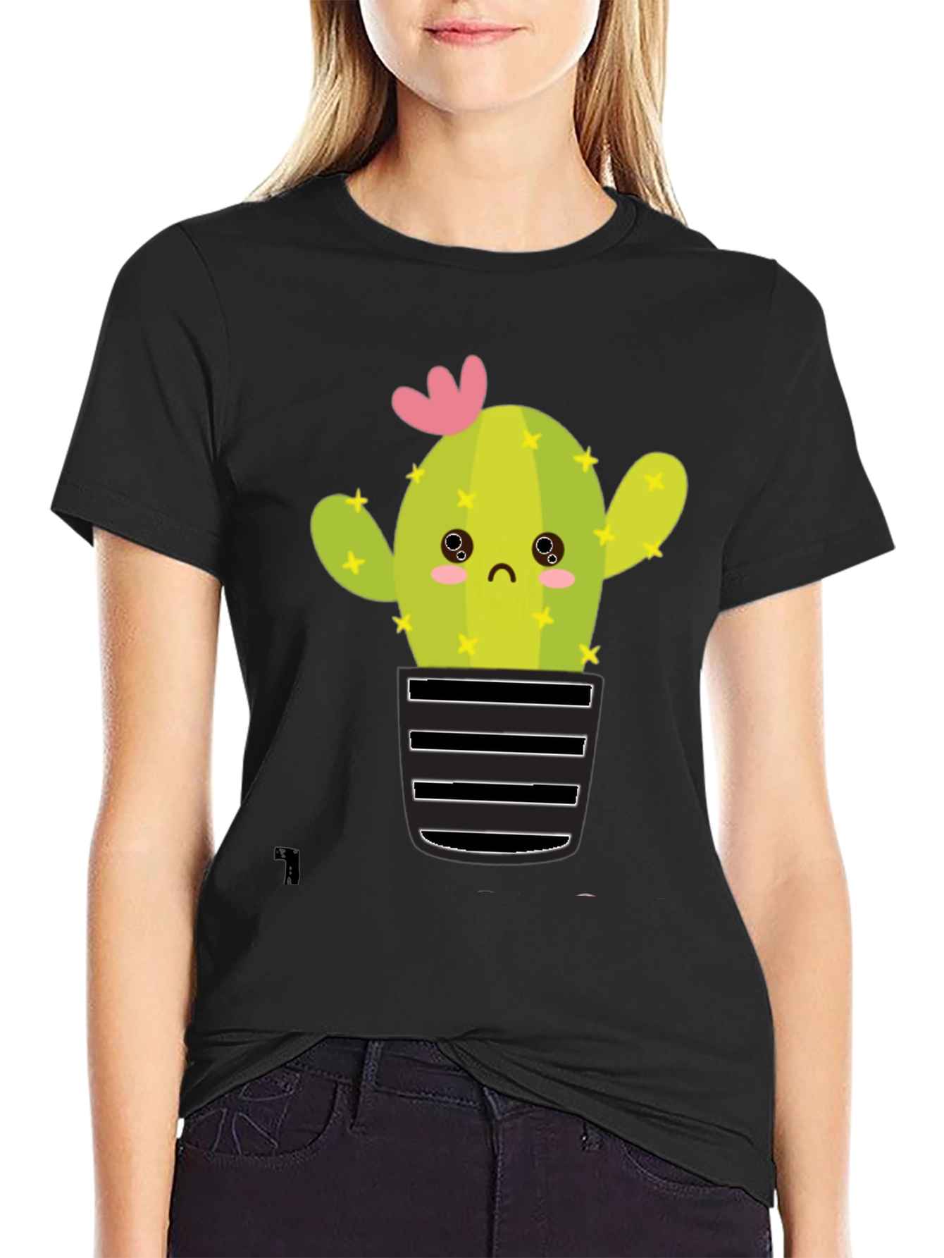 Cute Cactus Graphic Tee - Soft Black Cotton T-Shirt
