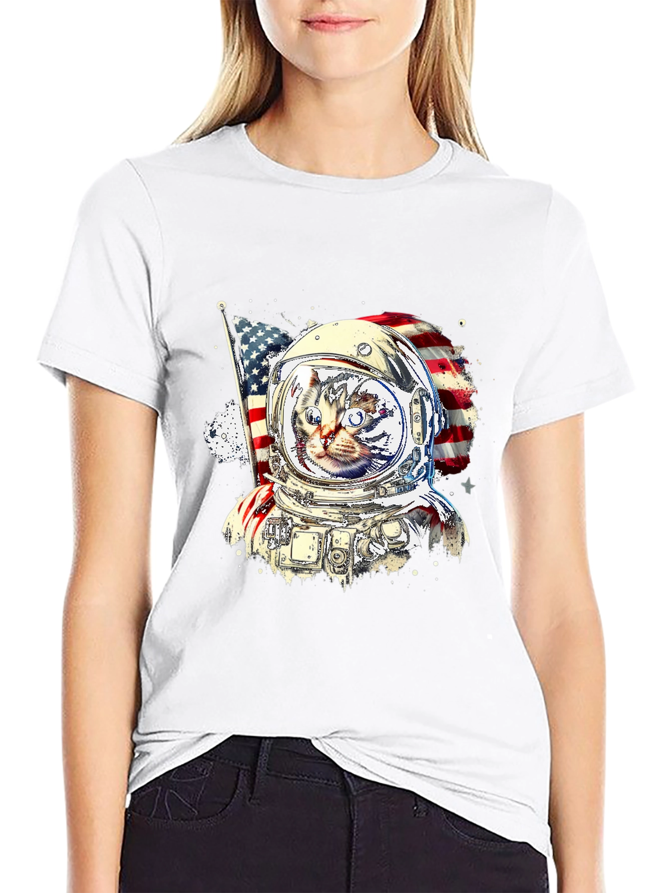 Patriotic Cat Astronaut Graphic Tee