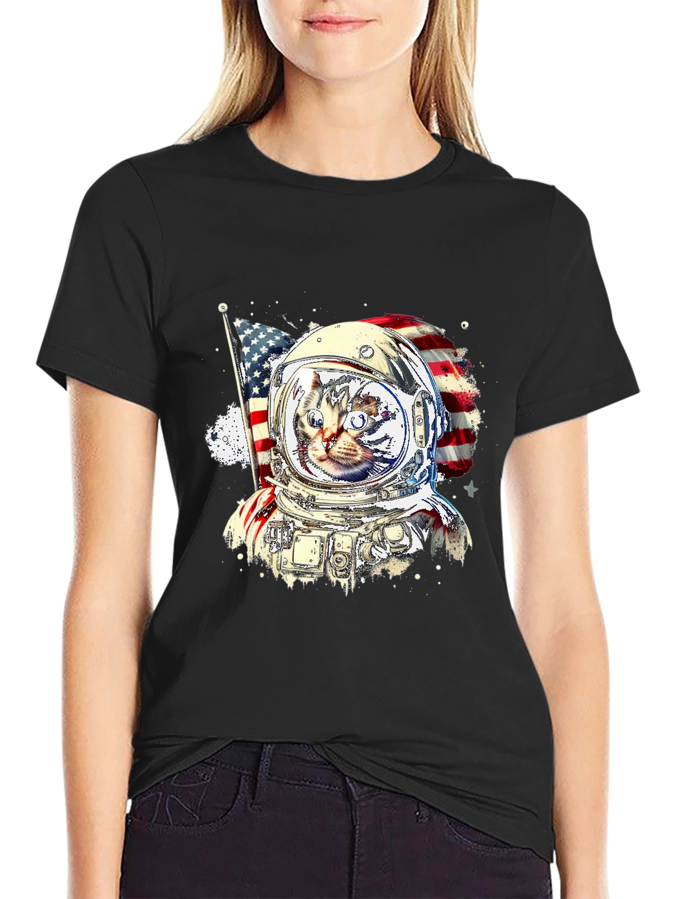 Patriotic Cat Astronaut Graphic Tee