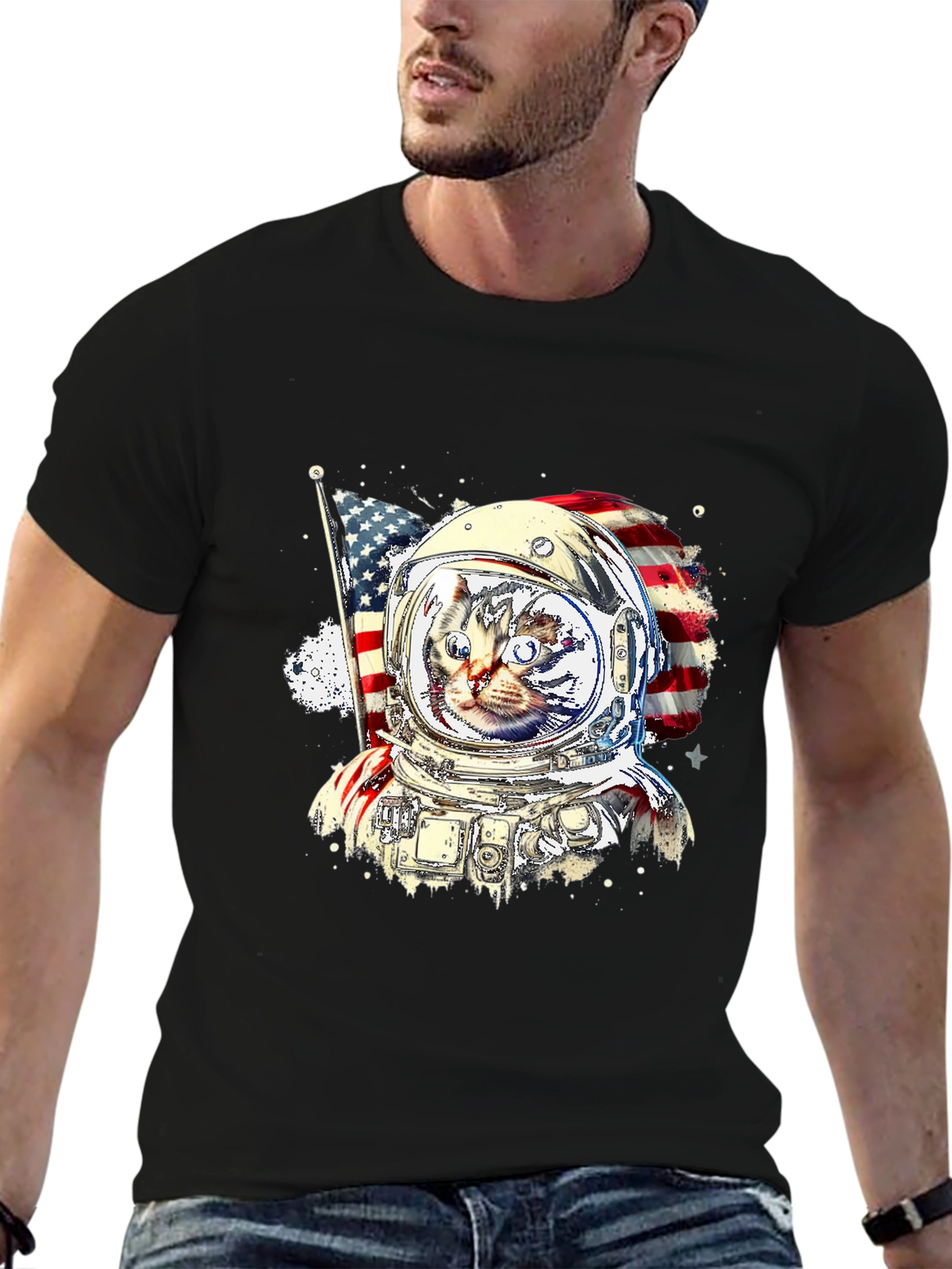 Patriotic Cat Astronaut Graphic Tee