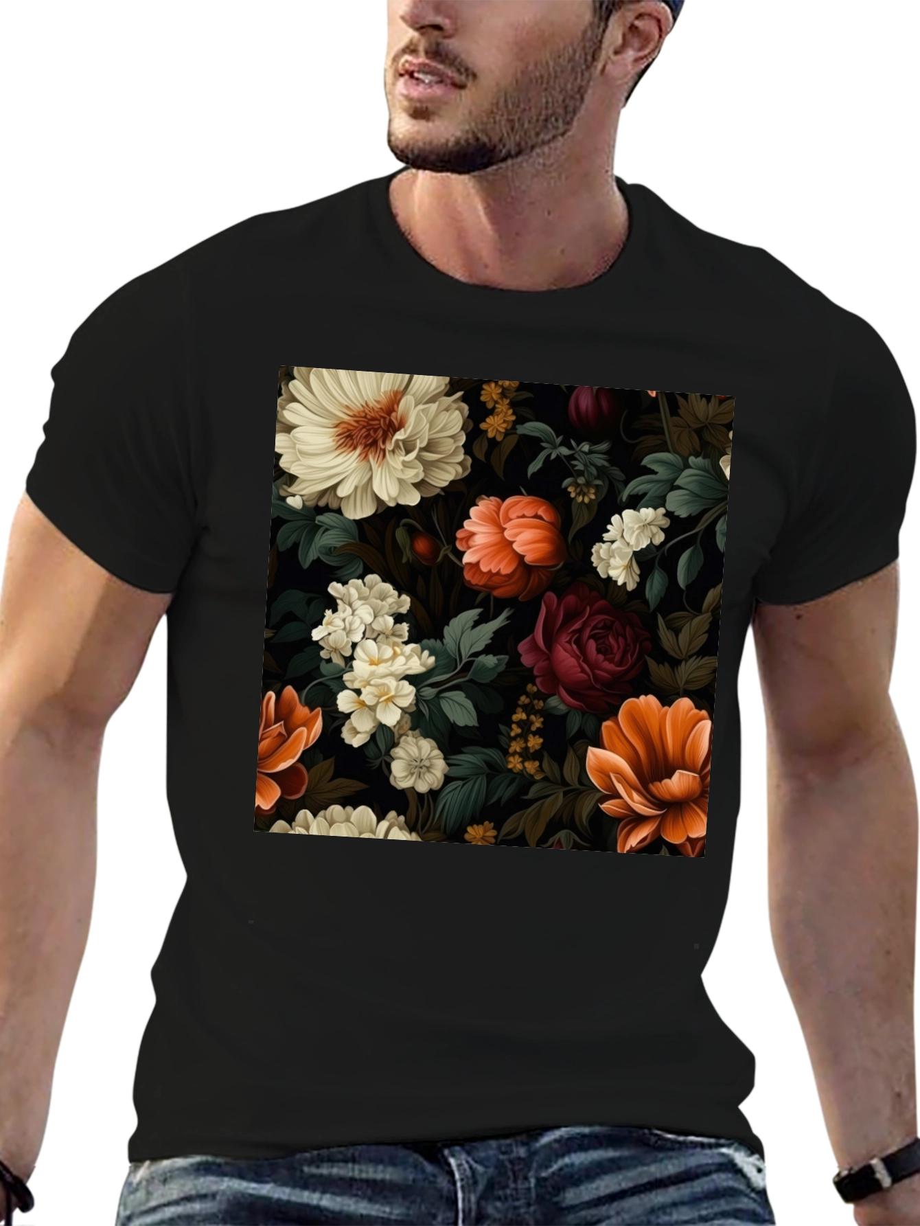 Floral Pattern Black T-Shirt for Men