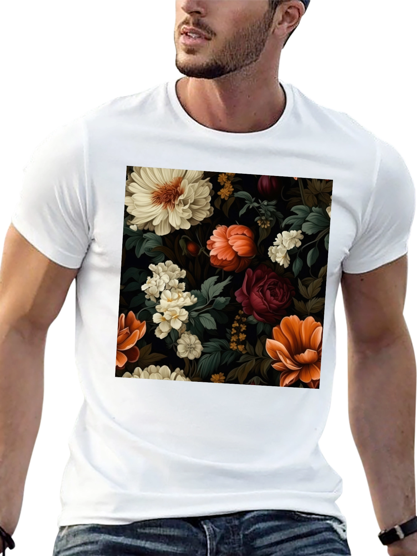 Floral Pattern Black T-Shirt for Men