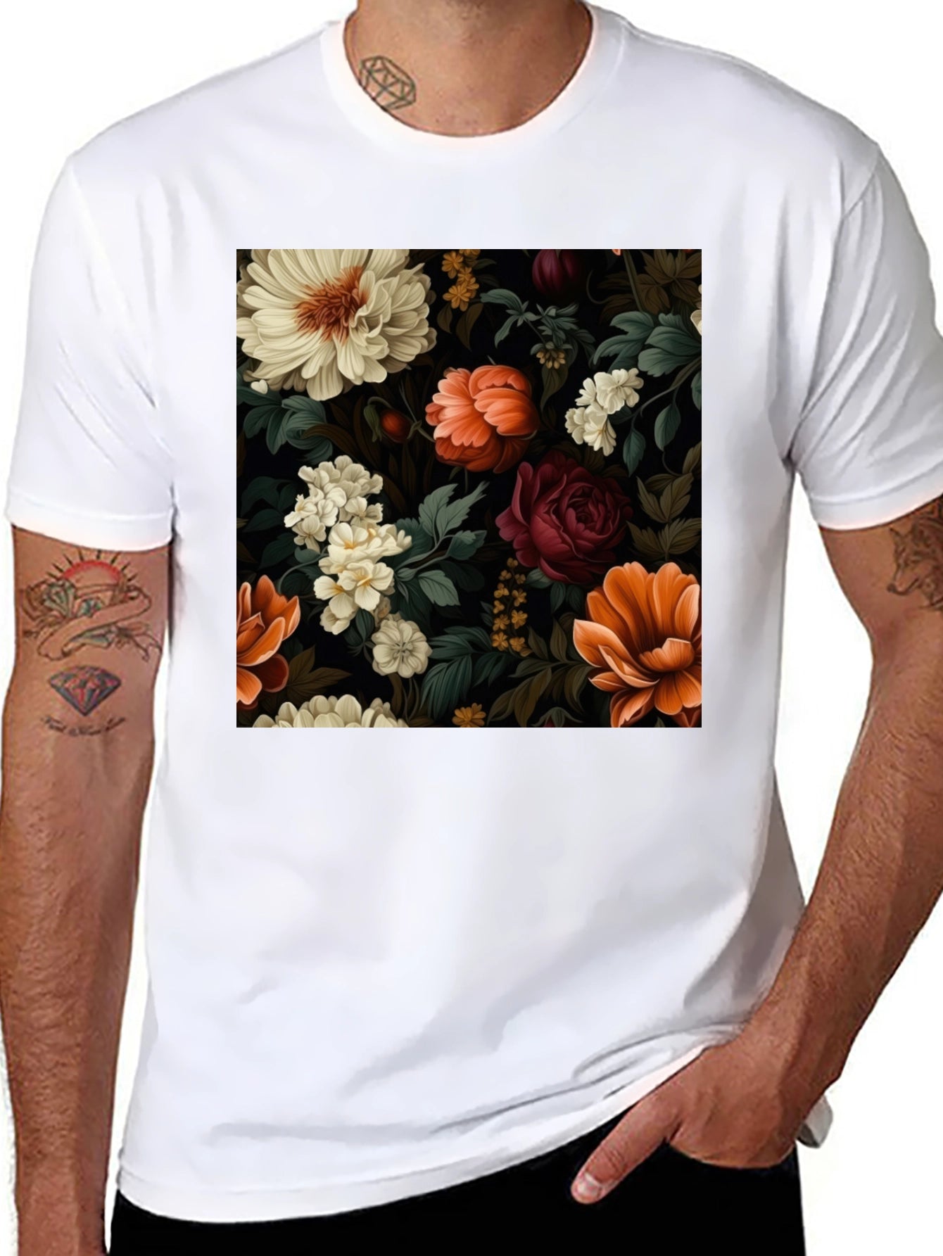 Floral Pattern Black T-Shirt for Men
