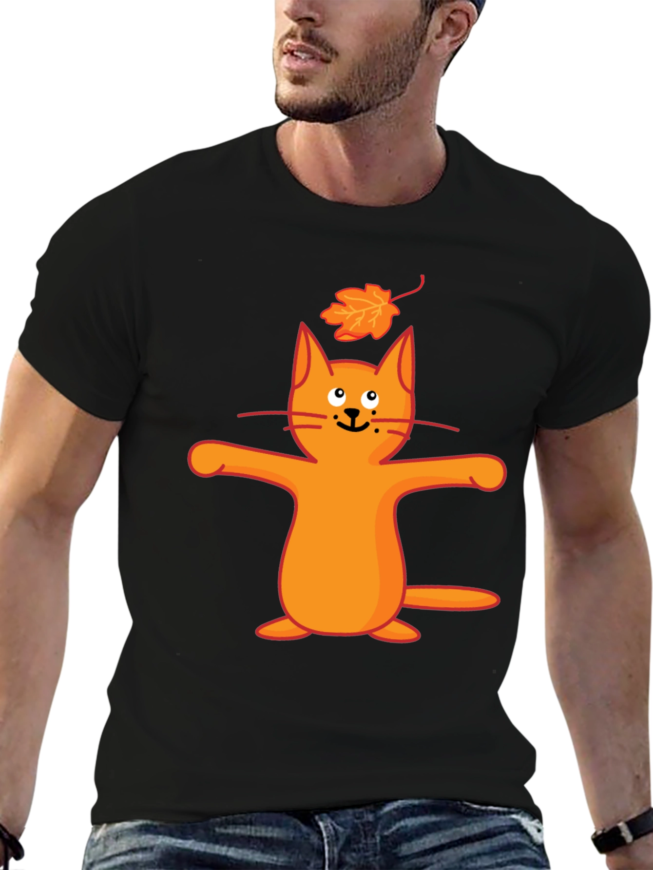 Whimsical Cat & Leaf Graphic T-Shirt
