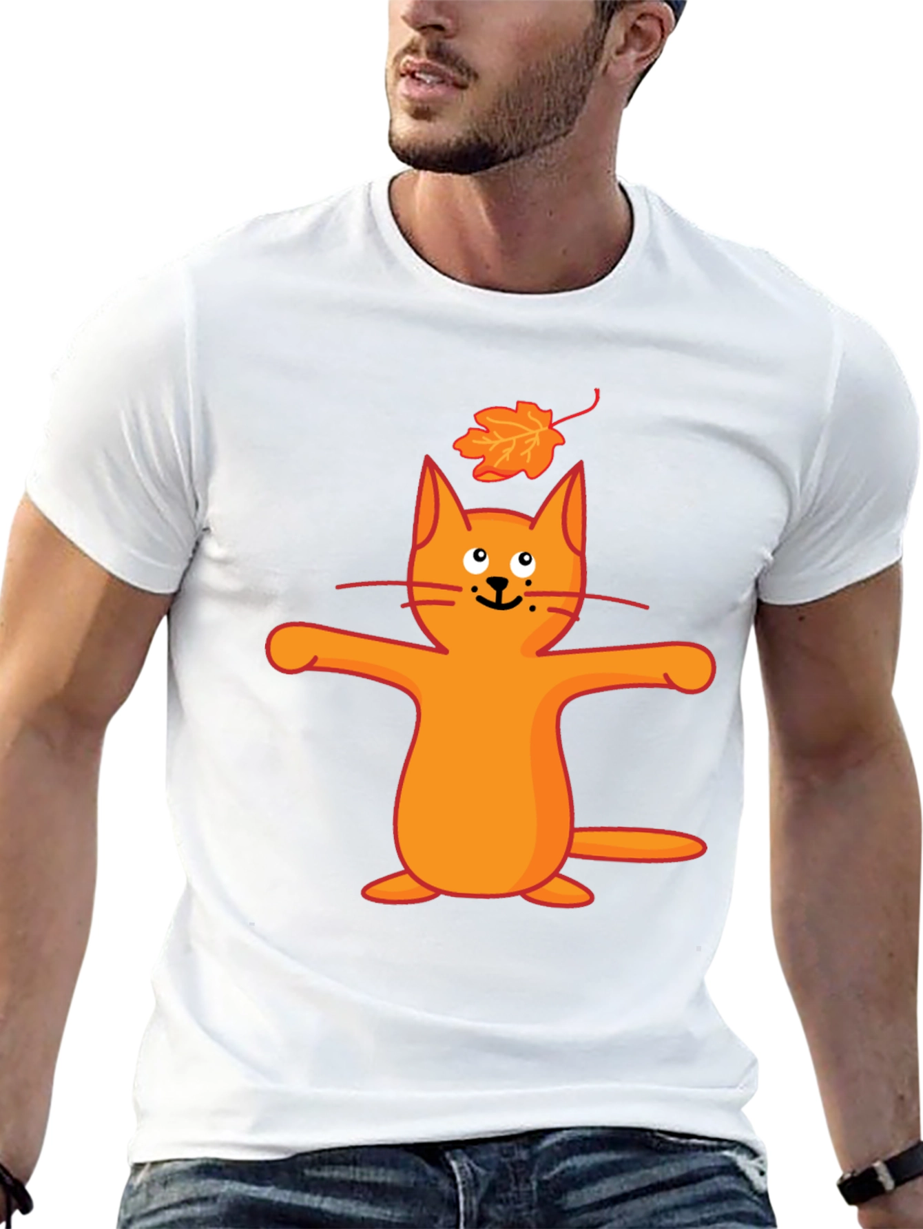 Whimsical Cat & Leaf Graphic T-Shirt