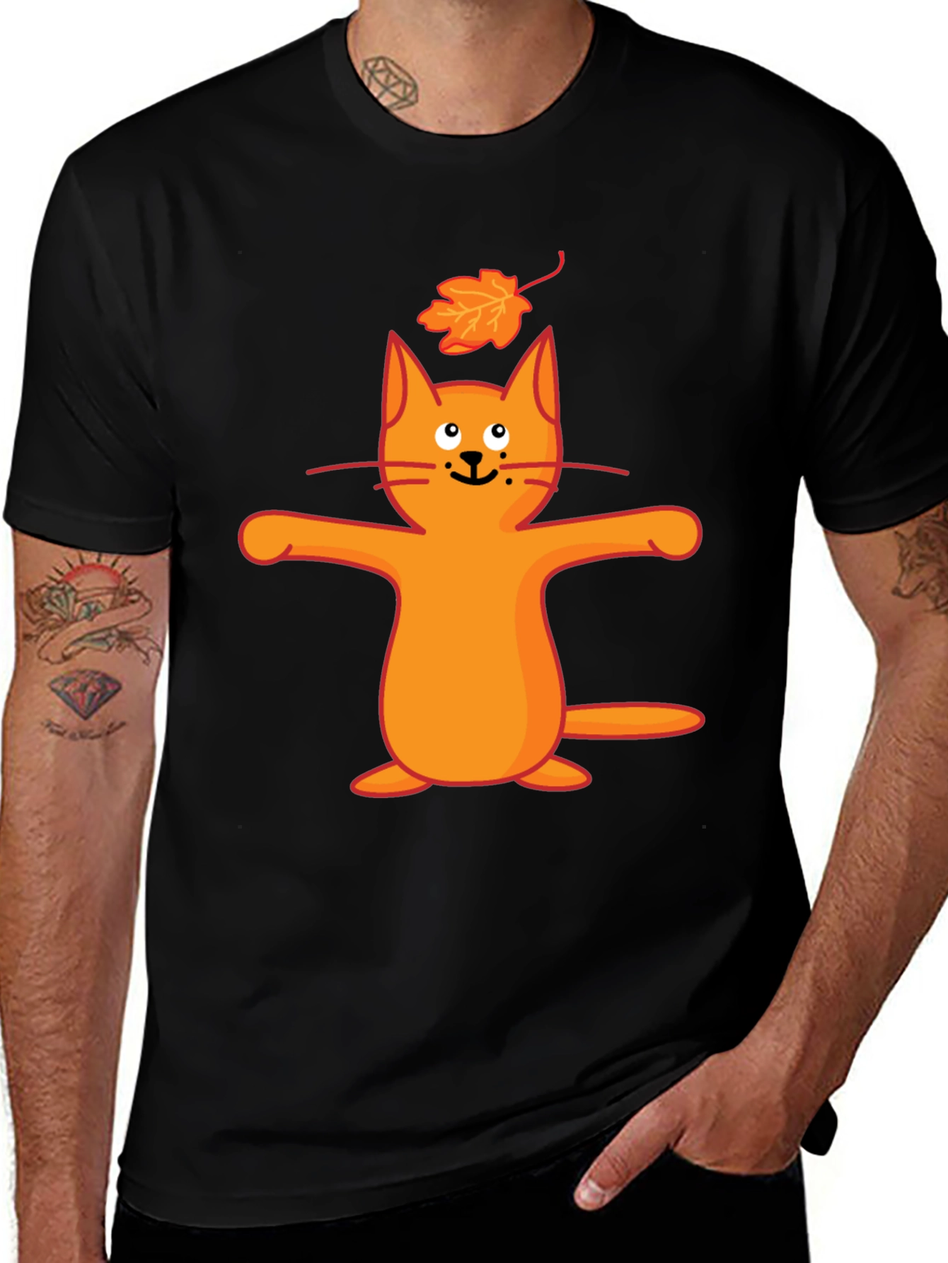 Whimsical Cat & Leaf Graphic T-Shirt