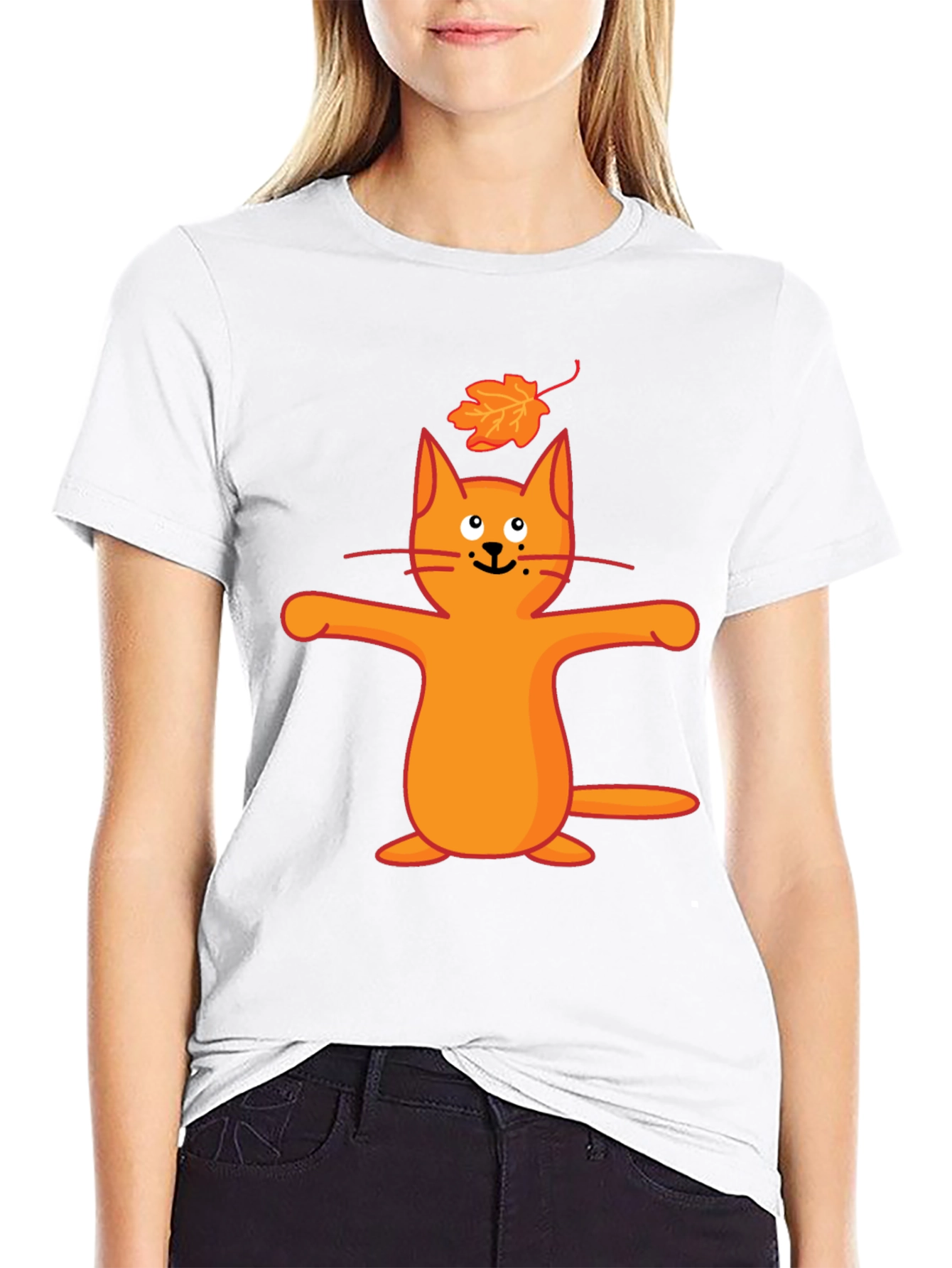 Whimsical Cat & Leaf Graphic T-Shirt