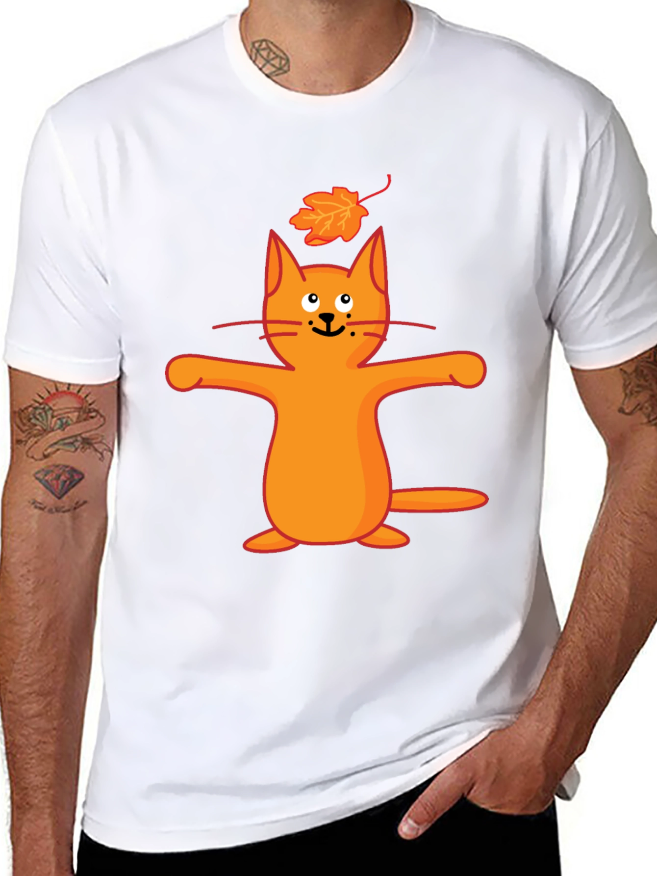 Whimsical Cat & Leaf Graphic T-Shirt