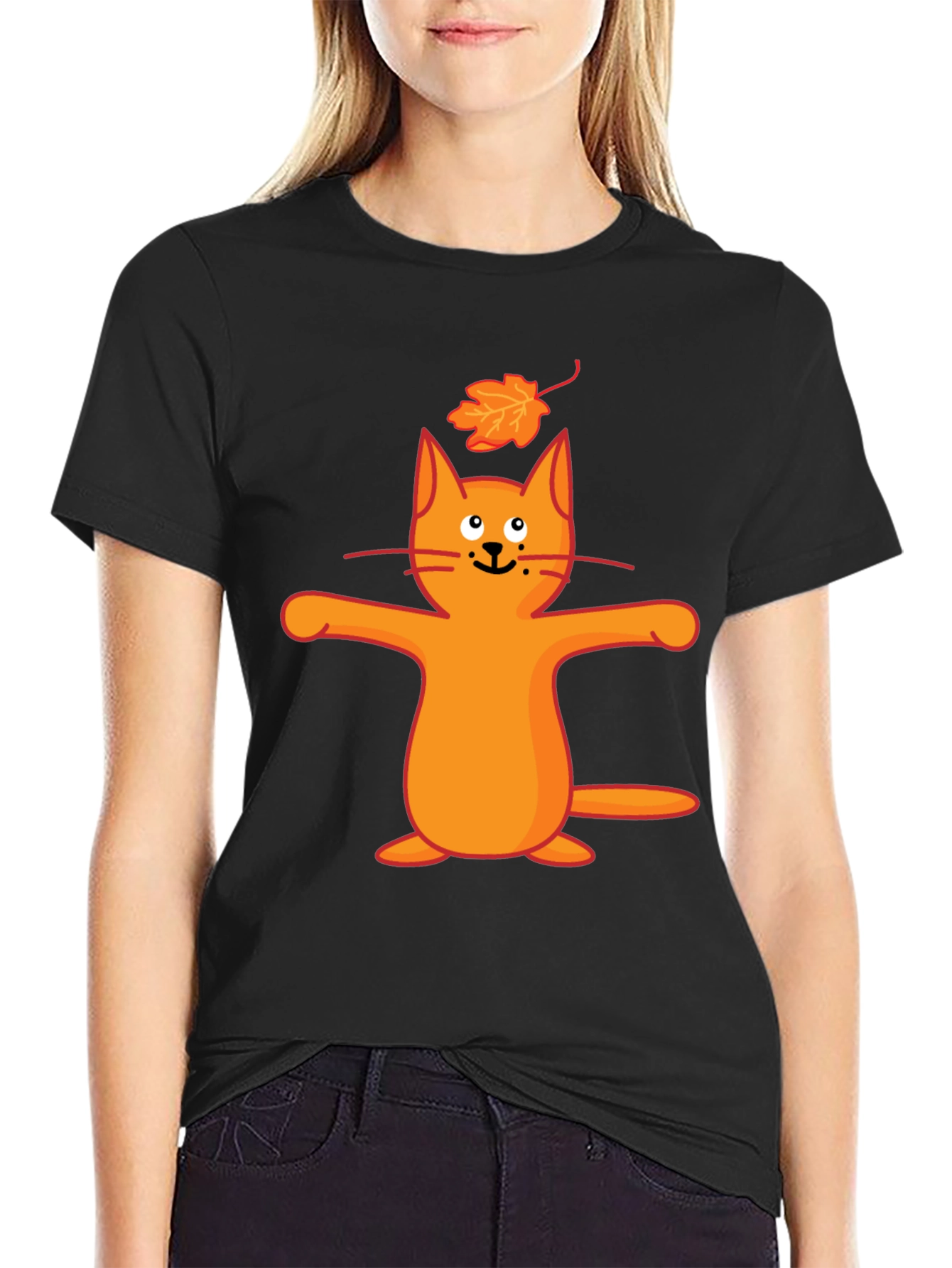 Whimsical Cat & Leaf Graphic T-Shirt