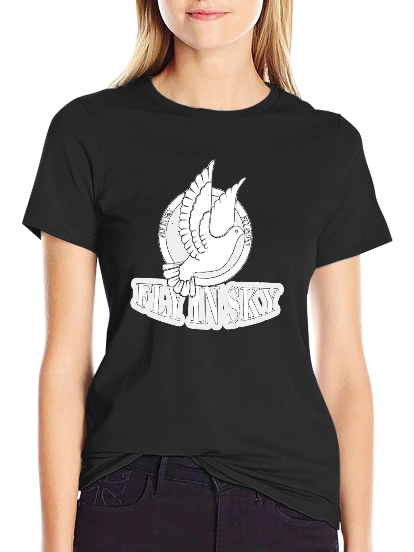 Fly In Sky Dove Graphic Black T-Shirt