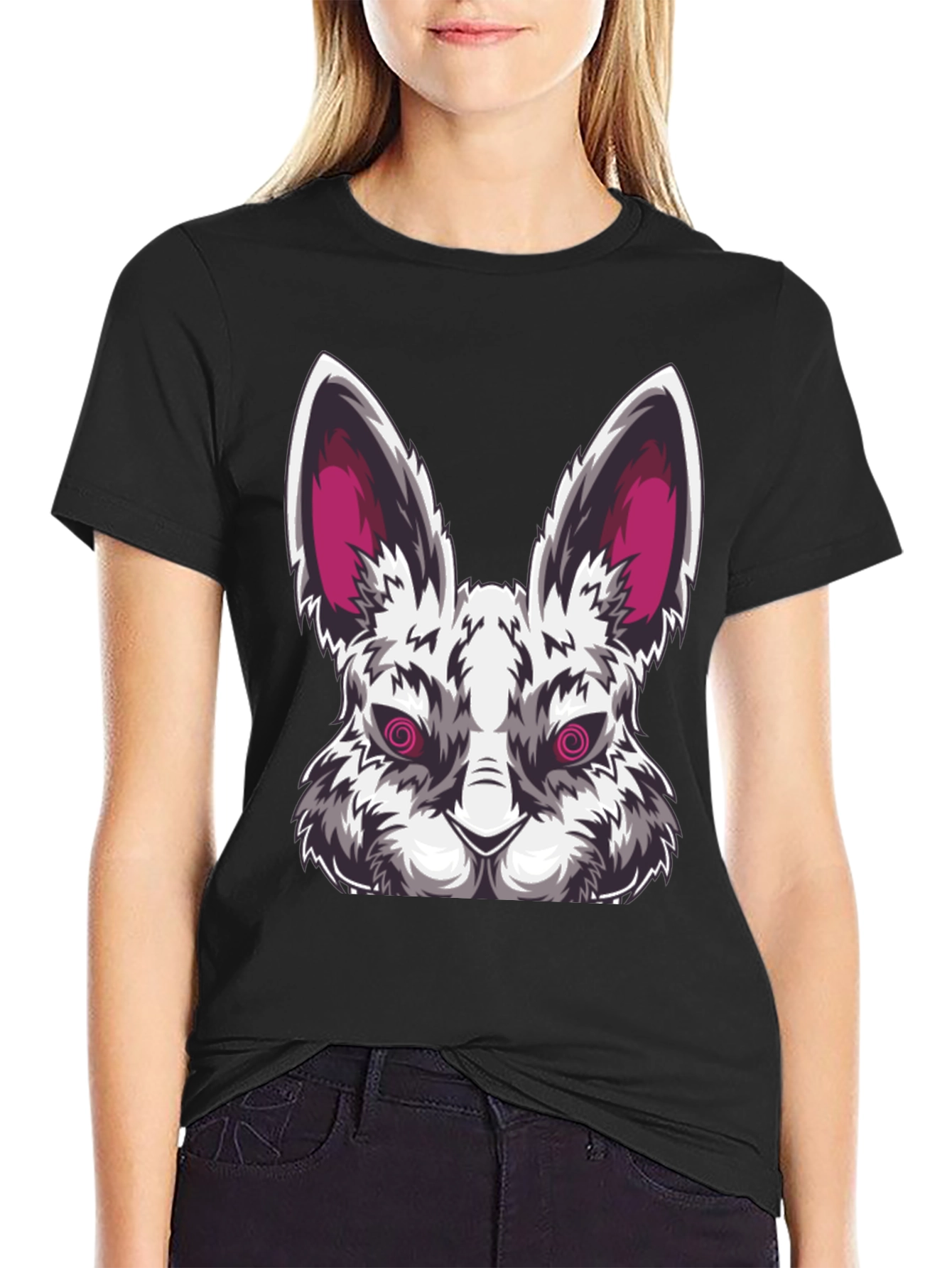 Mens Black T-Shirt with Evil Rabbit Graphic