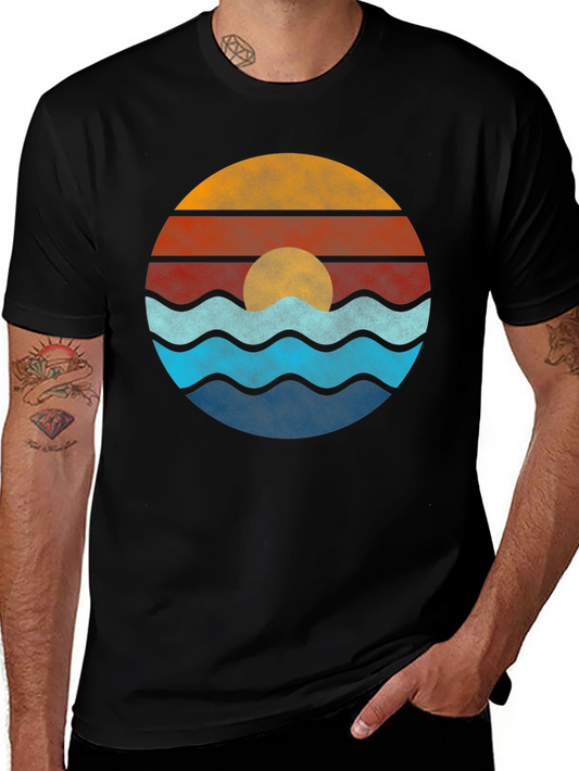 Retro Sunset Waves Graphic Tee - Black Cotton