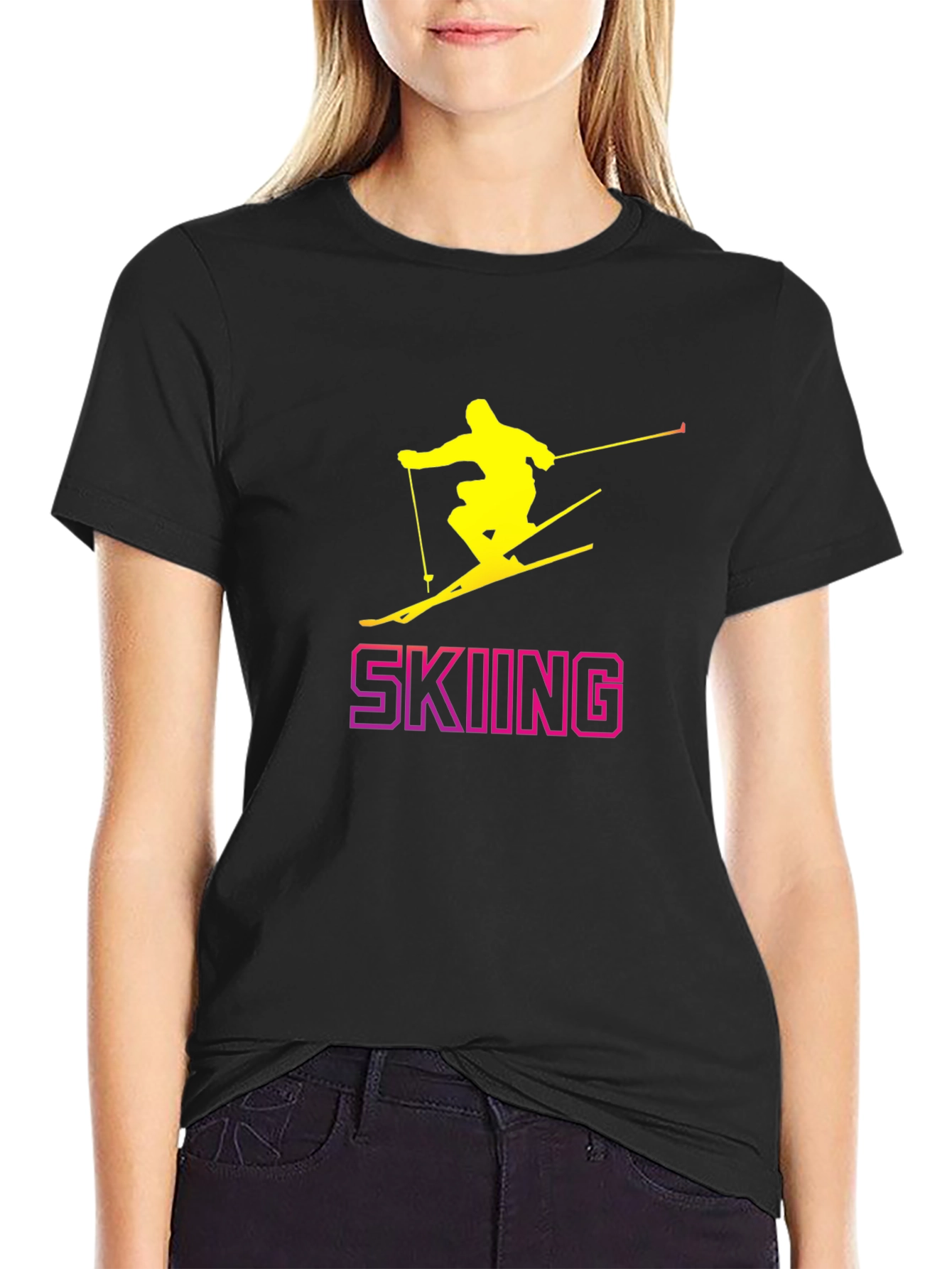 Skiing Graphic Tee - Black Cotton T-Shirt