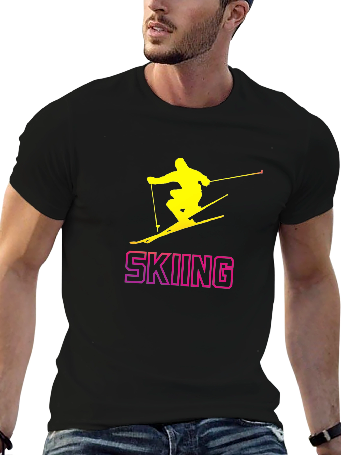 Skiing Graphic Tee - Black Cotton T-Shirt