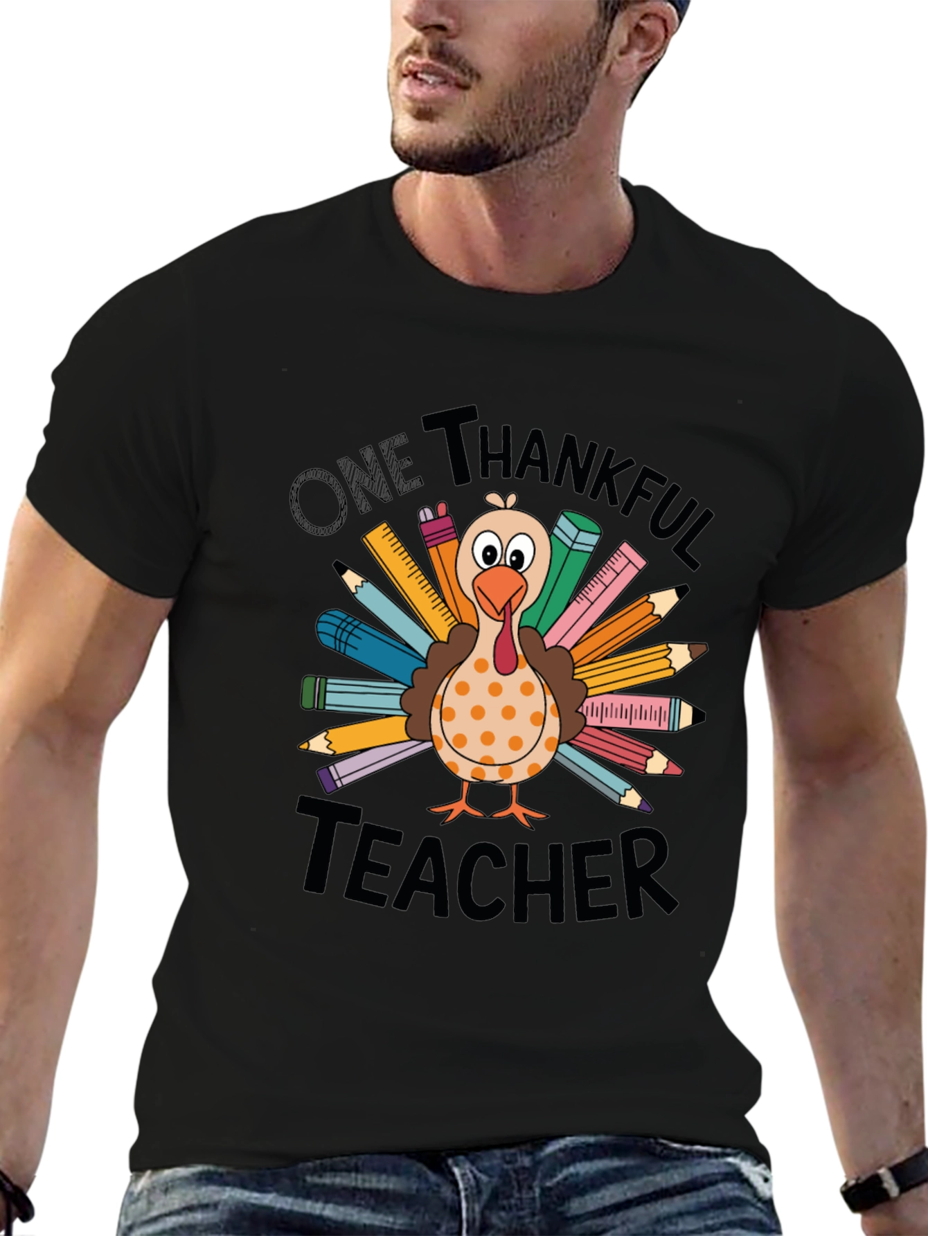 One Thankful Teacher Thanksgiving Turkey Graphic Tee