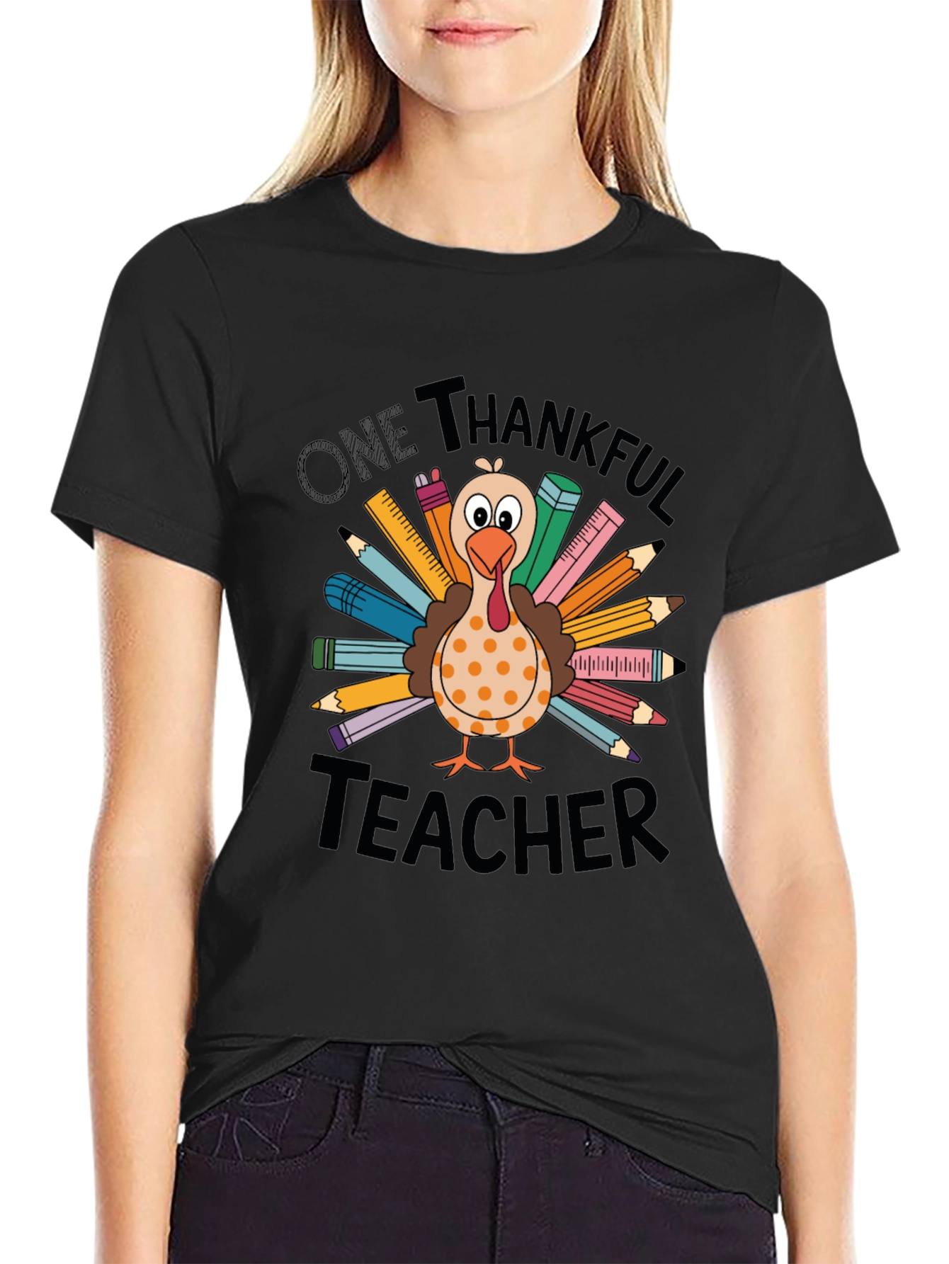 One Thankful Teacher Thanksgiving Turkey Graphic Tee