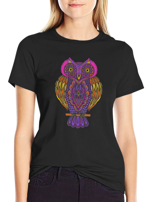 Vibrant Owl Graphic Print Black T-Shirt