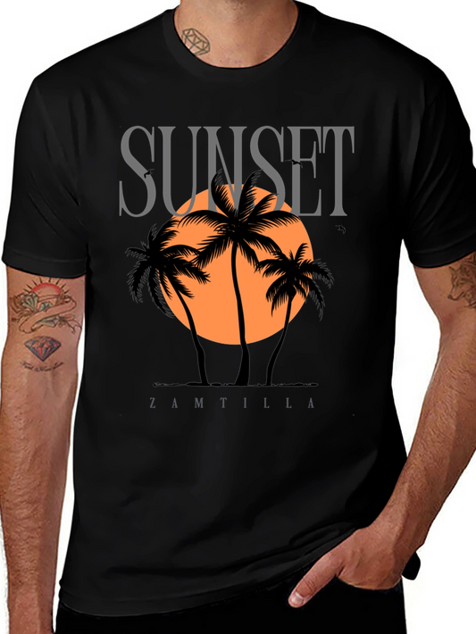 Sunset Palm Tree Graphic Black T-Shirt