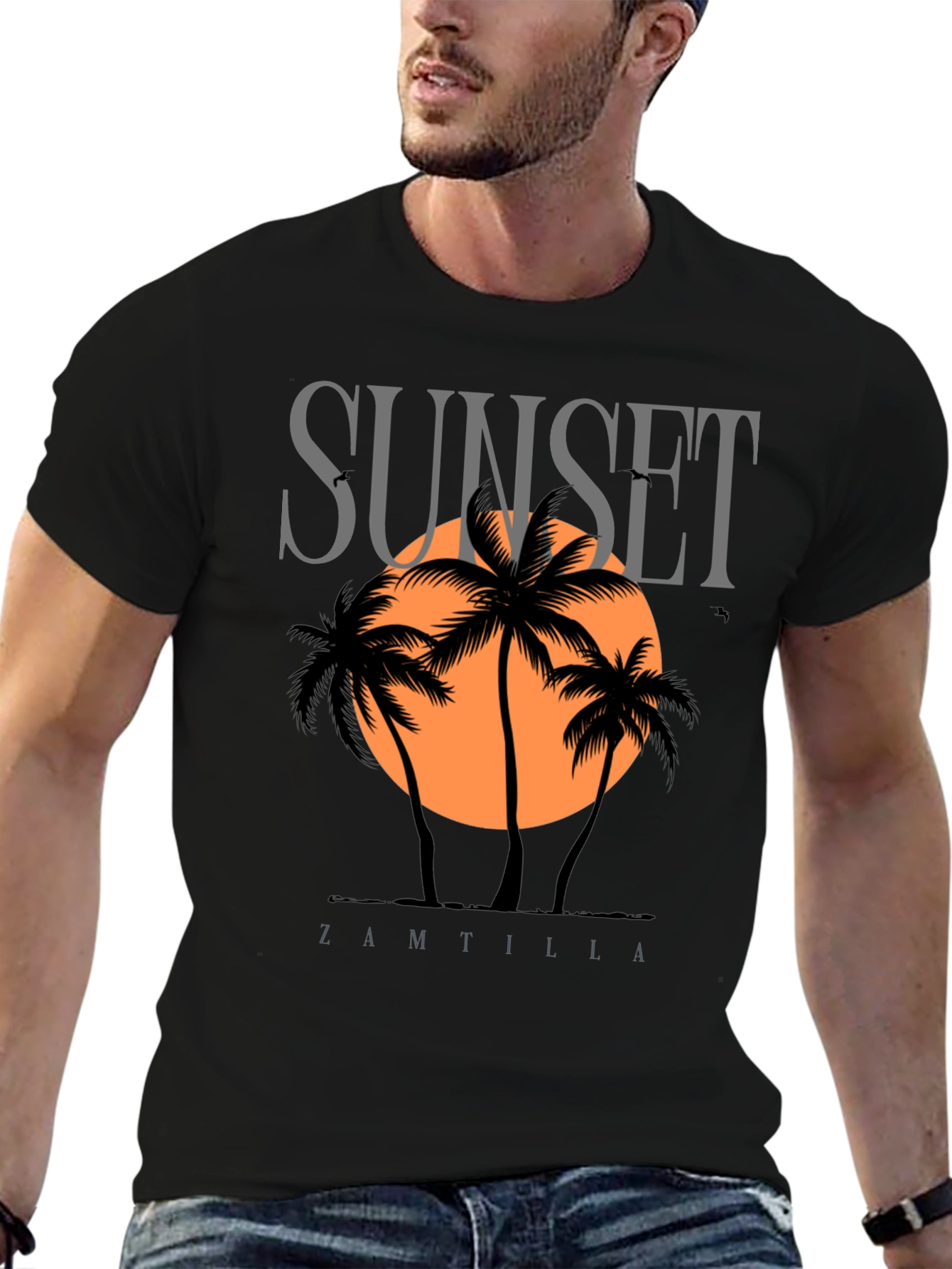 Sunset Palm Tree Graphic Black T-Shirt