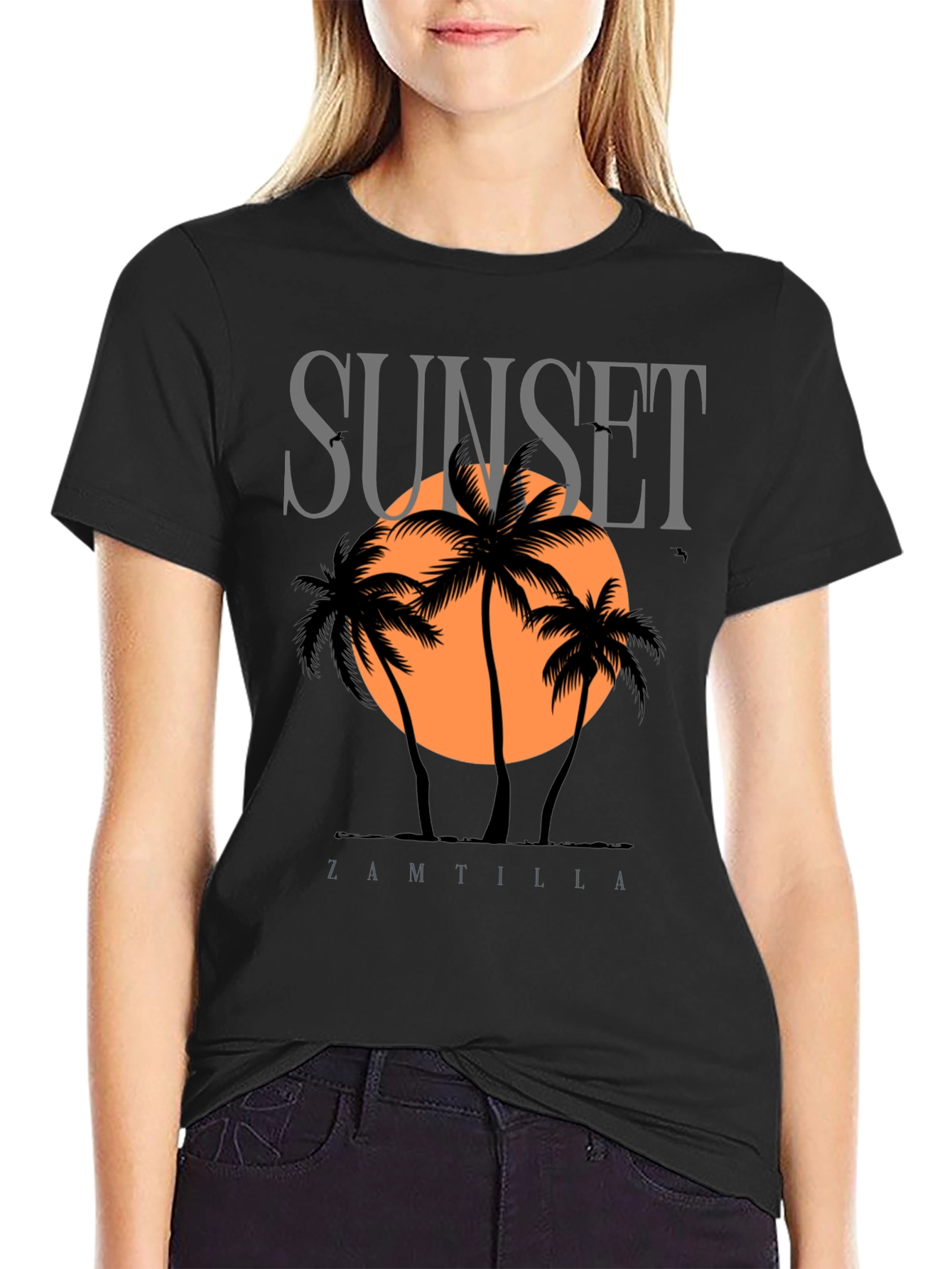 Sunset Palm Tree Graphic Black T-Shirt