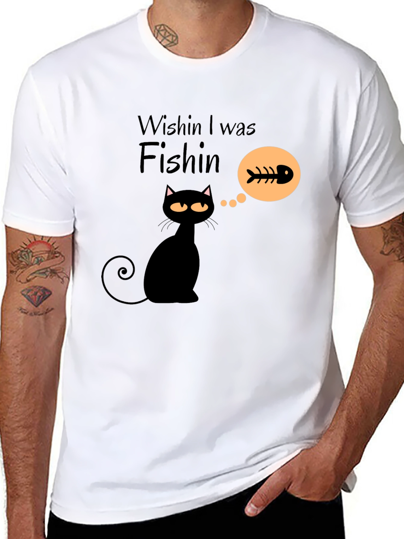 Wishin I Was Fishin Black Cat T-Shirt