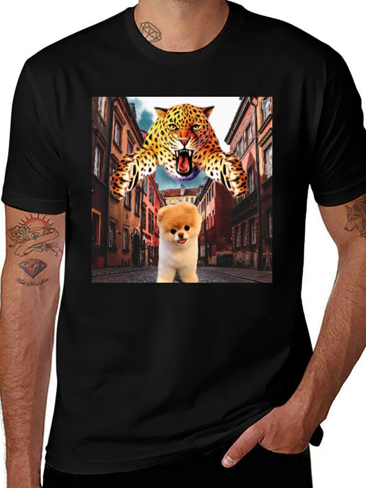 Novelty Graphic T-Shirt: Leopard and Pomeranian Design