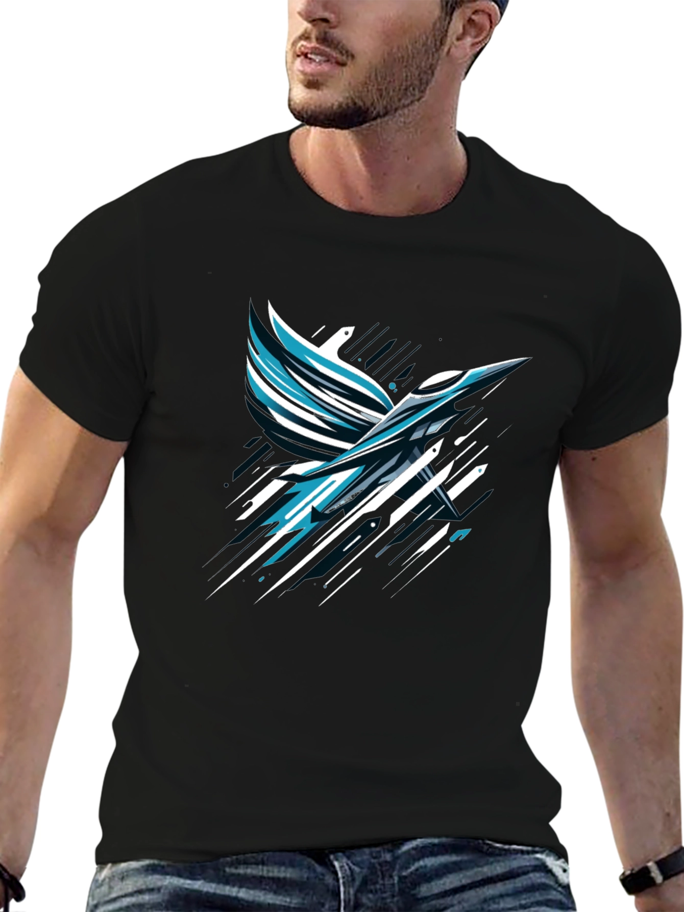 Abstract Bird Graphic Print Black T-Shirt