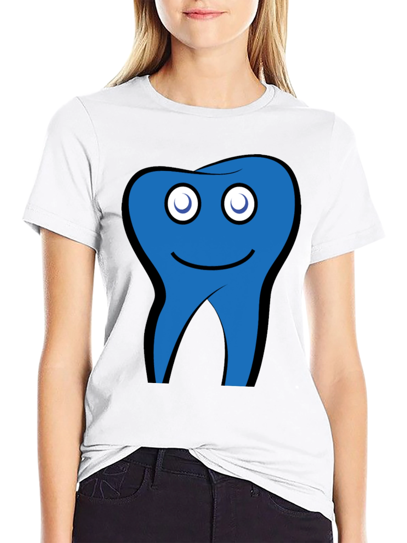 Funny Blue Tooth Cartoon Graphic Black T-Shirt