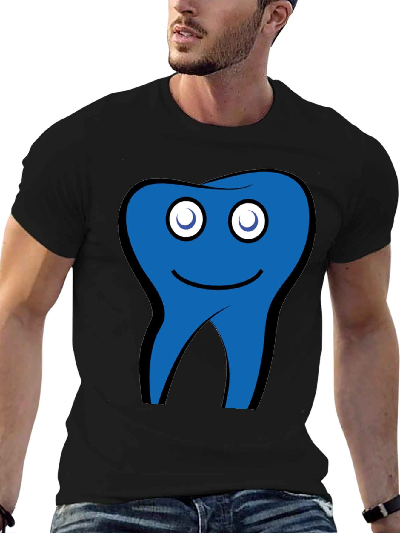 Funny Blue Tooth Cartoon Graphic Black T-Shirt