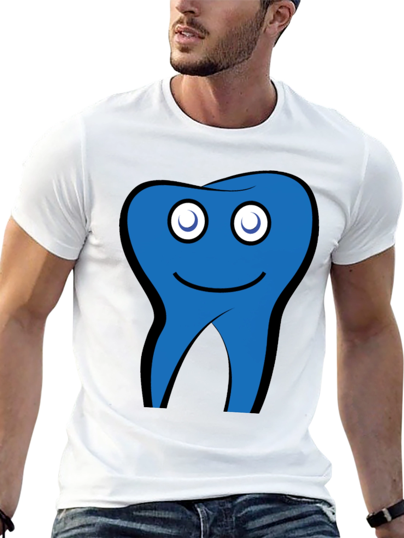 Funny Blue Tooth Cartoon Graphic Black T-Shirt