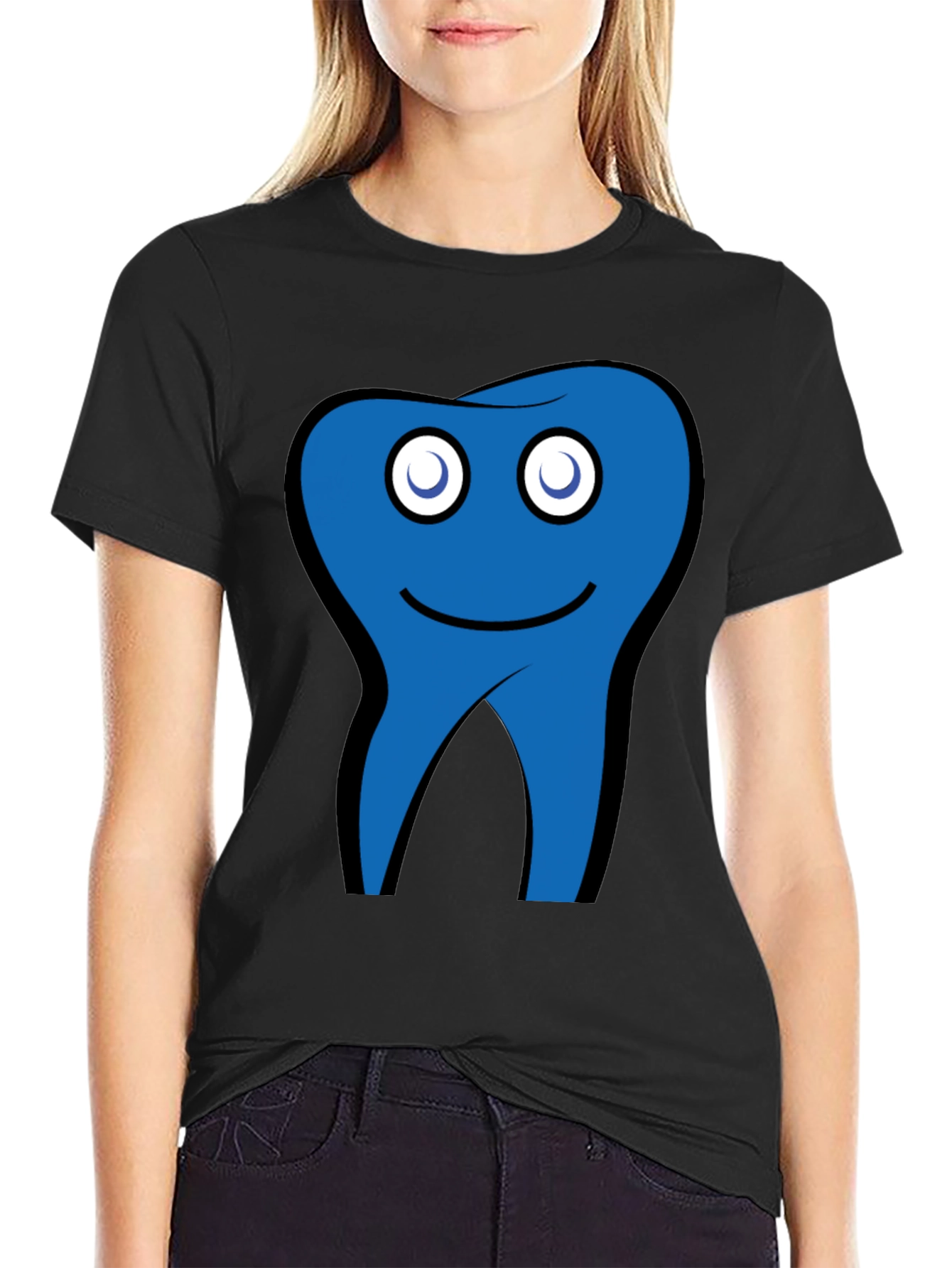 Funny Blue Tooth Cartoon Graphic Black T-Shirt