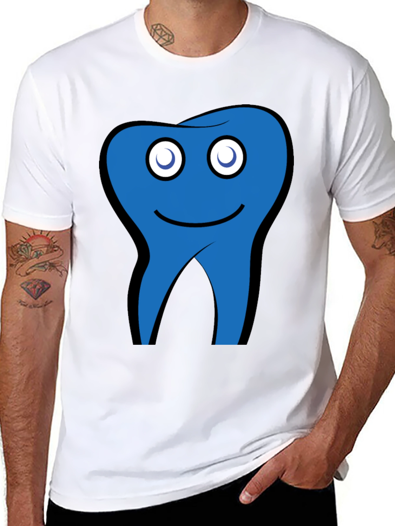 Funny Blue Tooth Cartoon Graphic Black T-Shirt