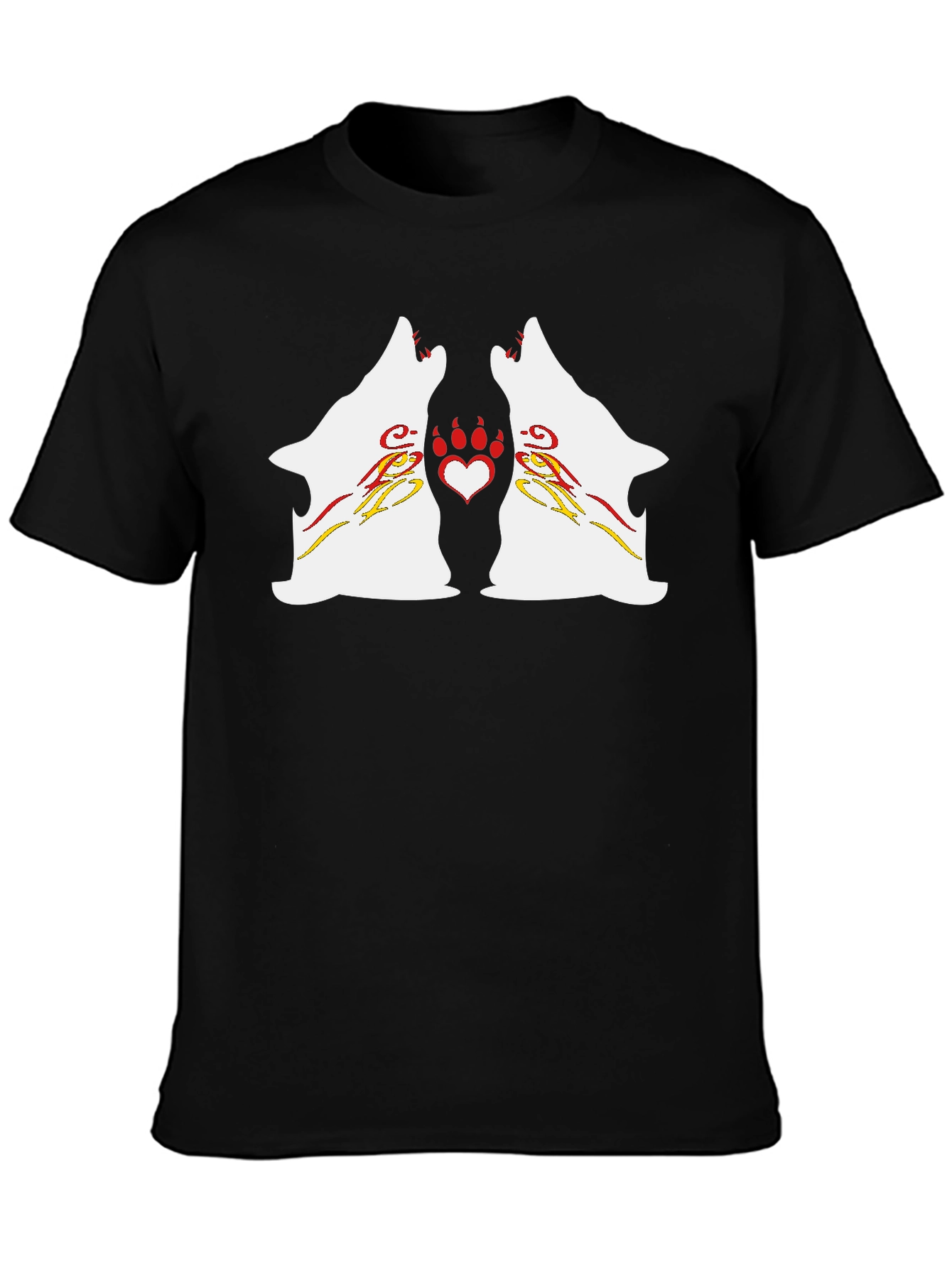 Wolf Howling Heart Paw Black T-Shirt