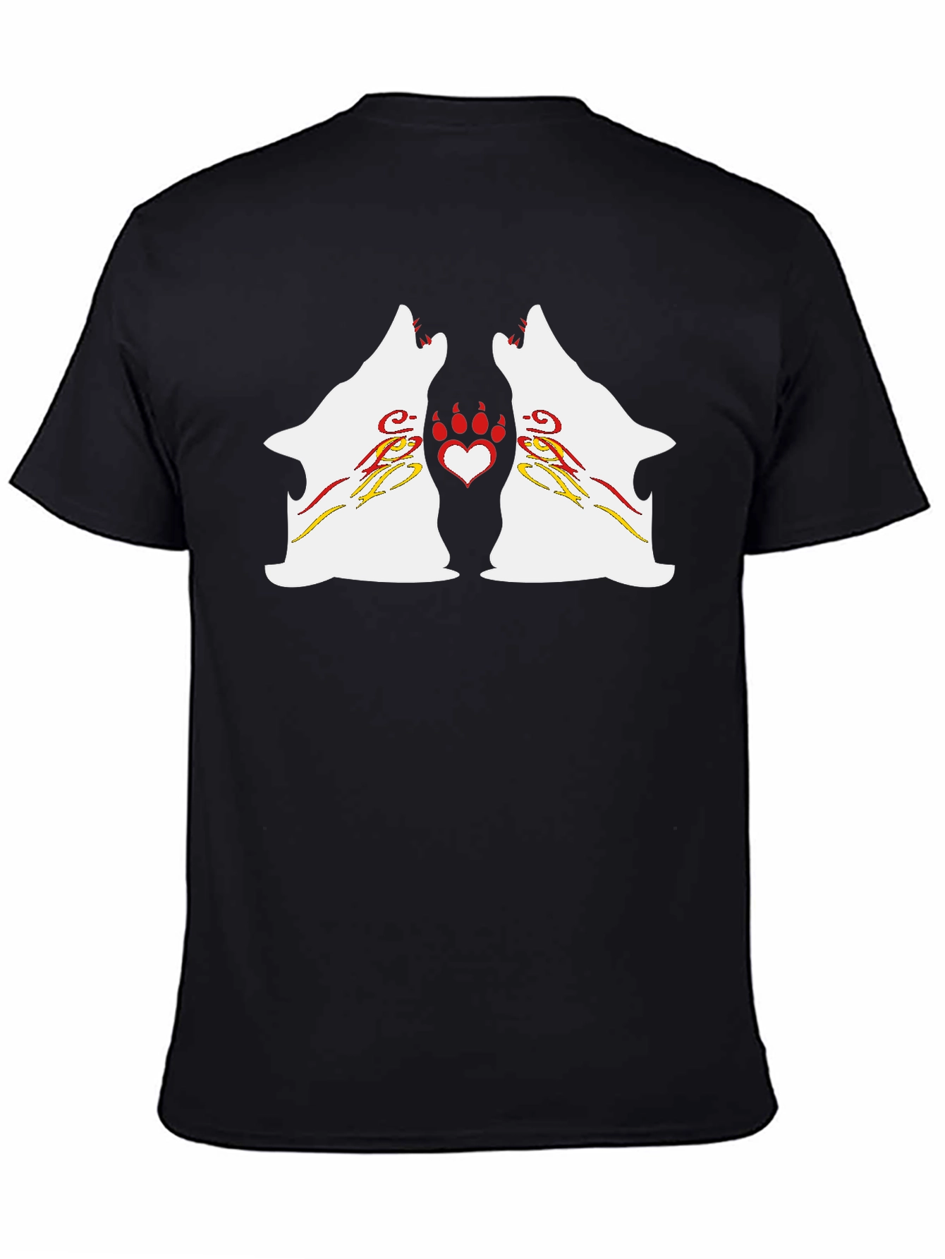 Wolf Howling Heart Paw Black T-Shirt