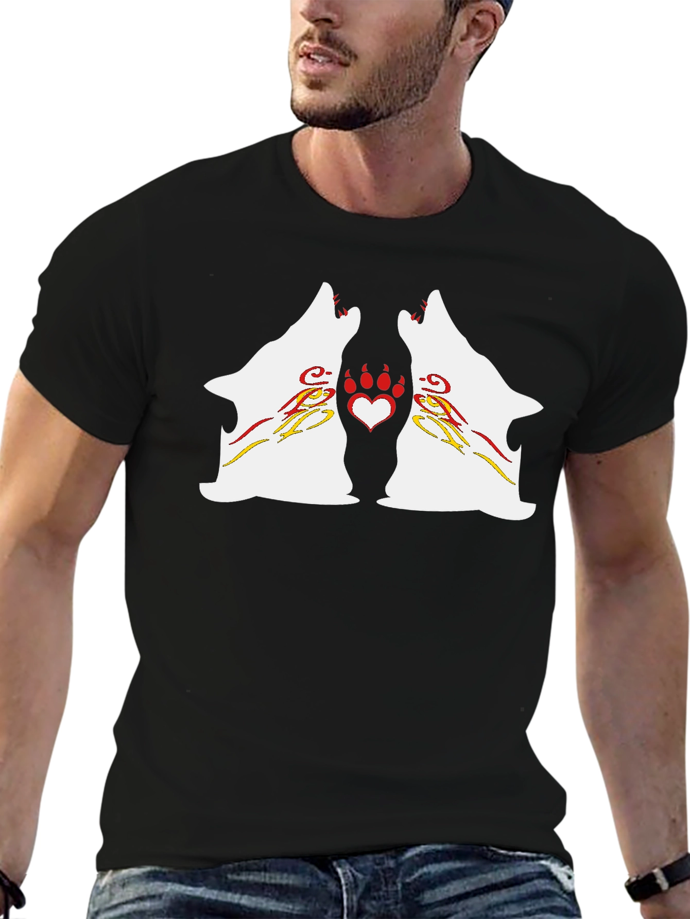 Wolf Howling Heart Paw Black T-Shirt
