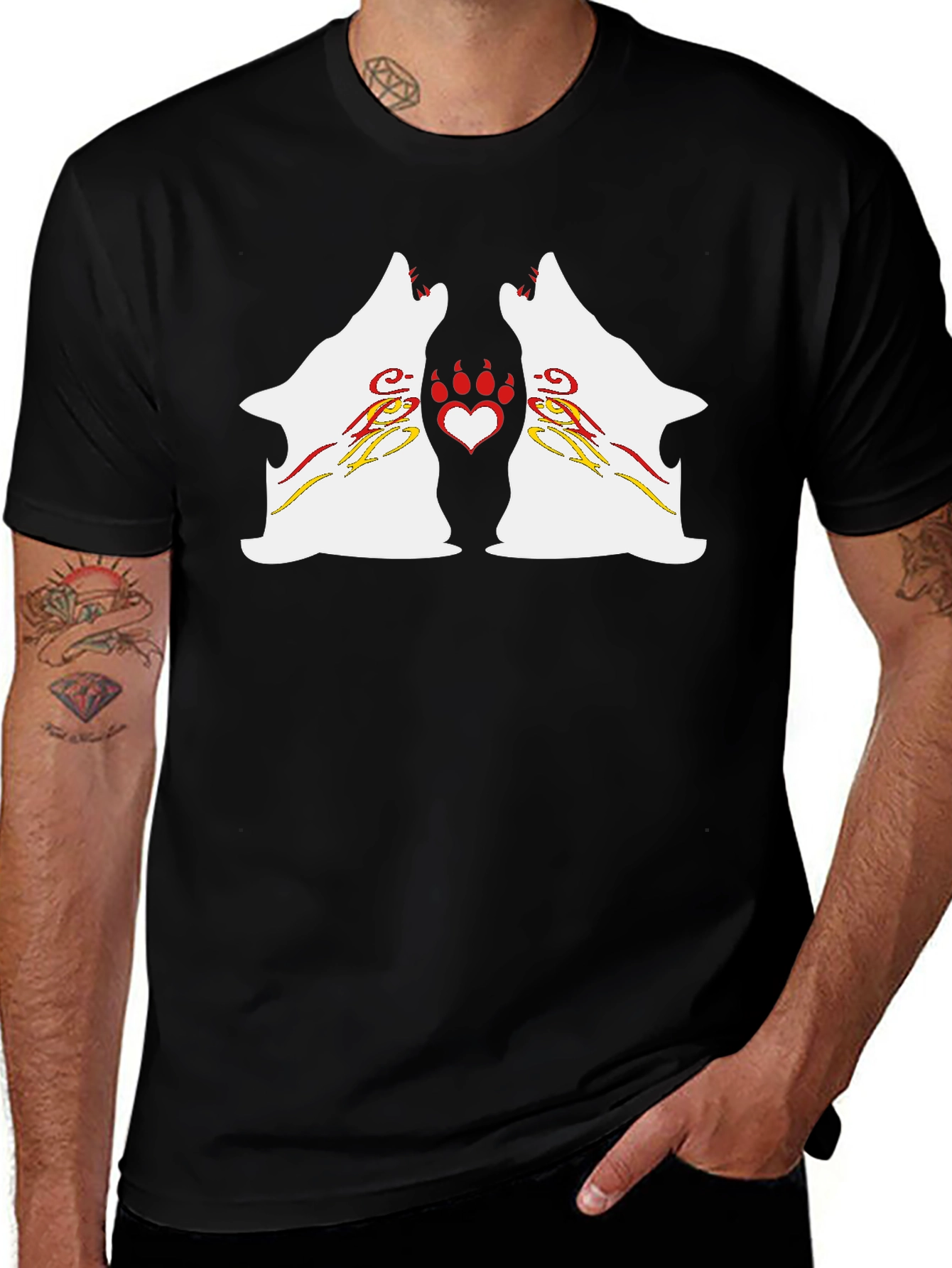 Wolf Howling Heart Paw Black T-Shirt