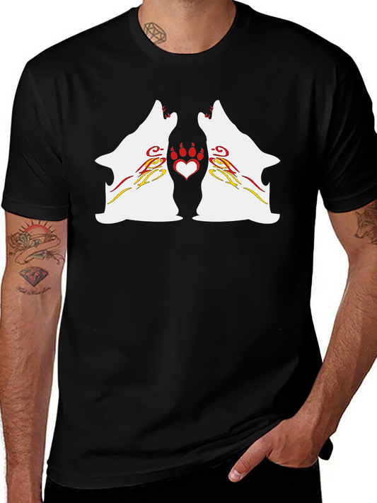 Wolf Howling Heart Paw Black T-Shirt