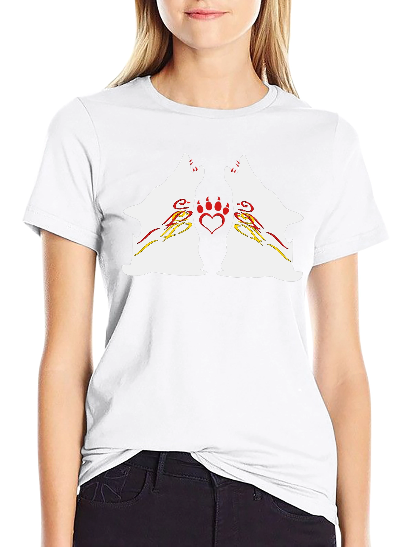 Wolf Howling Heart Paw Black T-Shirt