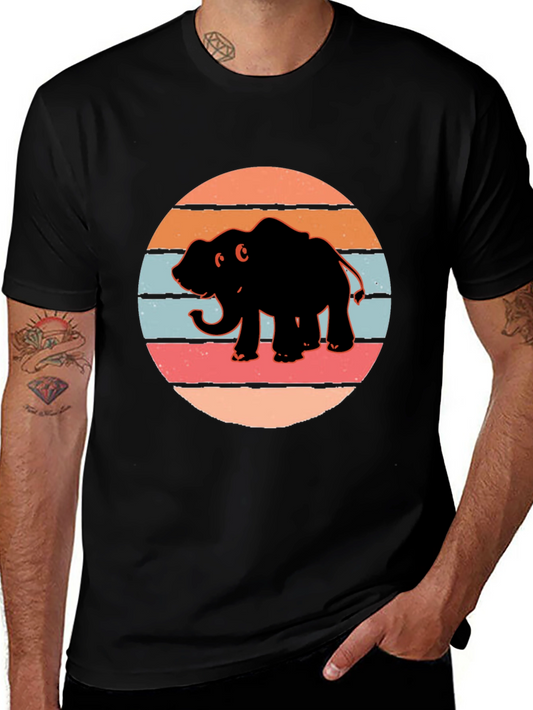 Elephant Sunset Retro T-Shirt - Black